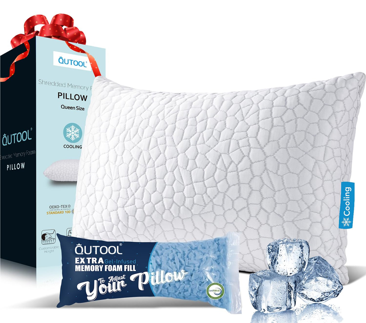 Cooling Memory Foam Pillow for Sleeping, Adjustable Shredded Memory Foam Bed Pillow, Breathable Cooling Fabric Cover, Soft & Supportive Pillow for Side Back Stomach Sleepers, Queen Size 1-Pack