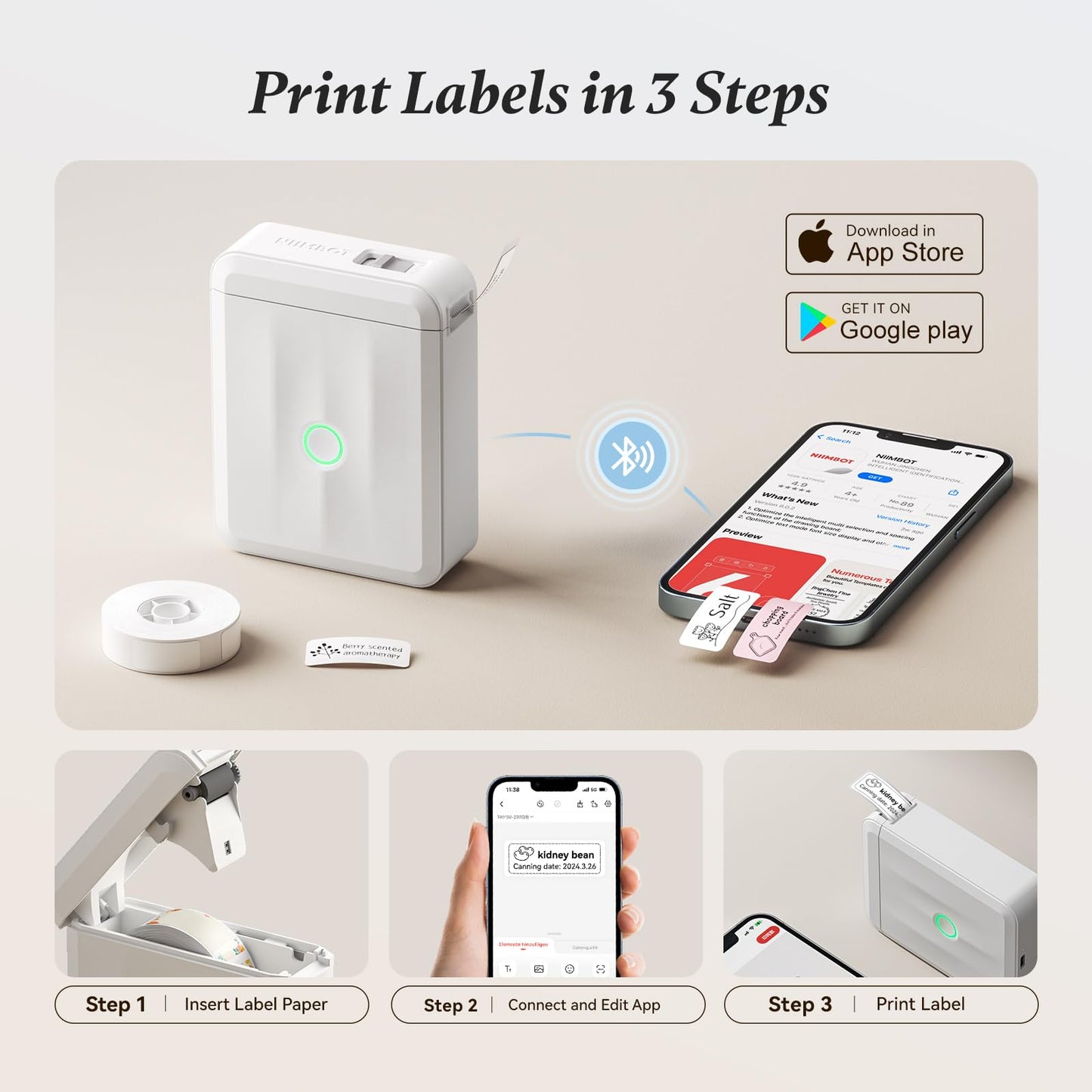 NIIMBOT D110 Label Maker Machine, Bluetooth Thermal Label Printer for School Home Office Organization, Mini Thermal Printer, Label Maker with 3 Label Tapes, White