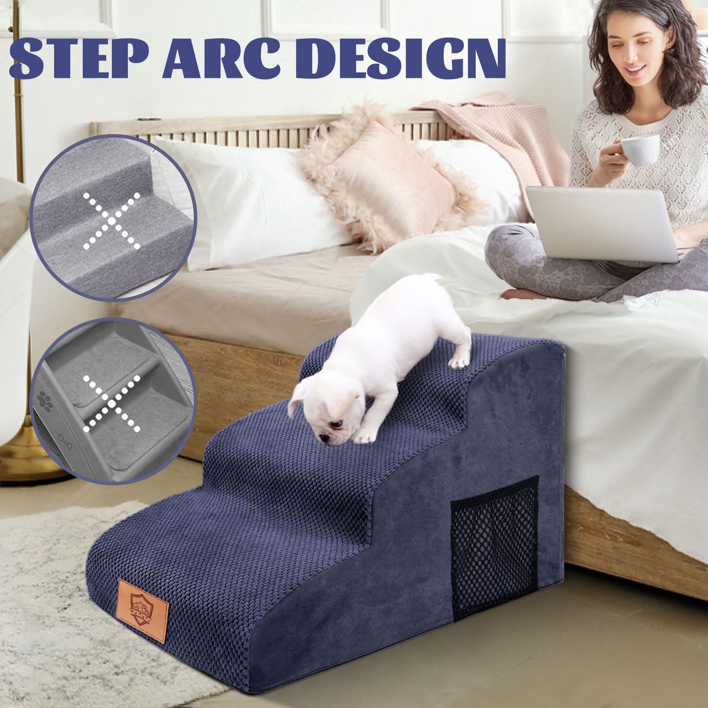 Almcmy 3-Step Dog Stairs for Small Dogs 15.7" H, Foam Pet Stairs for High Bed, Soft Dog Steps with Removable Cover, Non-Slip Dog Ramp Pet Steps for Old Cats, Injured Dogs, Elderly Pets, Blue