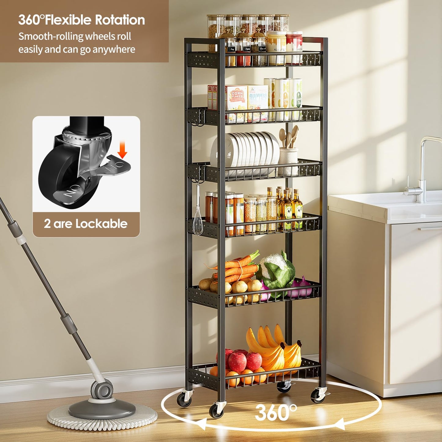 Kssiaz 6 Tier Slim Storage Cart, Narrow Rolling Cart with Wheels, Narrow Mobile Utility Shelf Unit Organizer for Kitchen, Bathroom, Laundry Room, Living Room, Small Places, 10in(W), Black