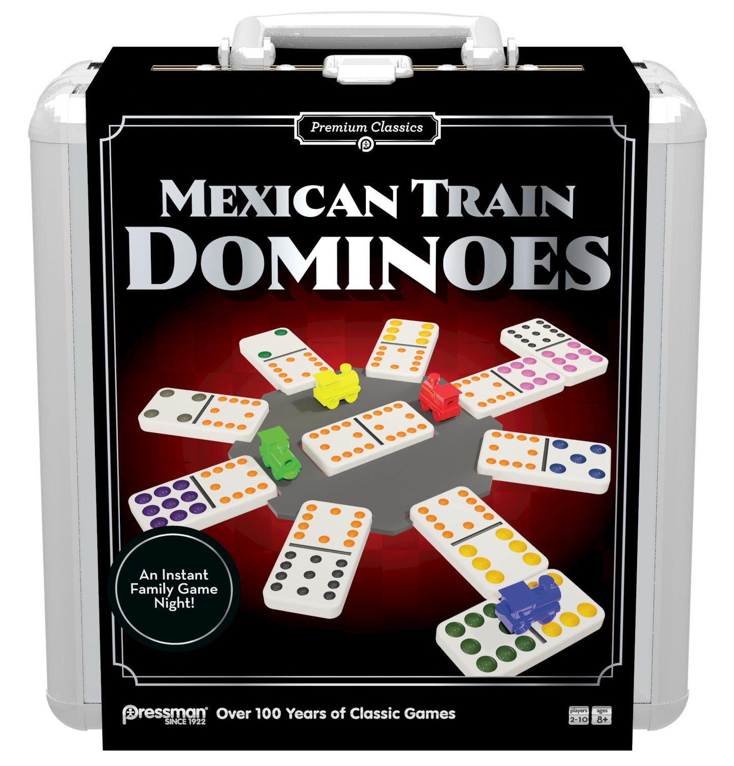 Pressman Premium Classics Mexican Train Dominoes | Aluminum Carry Case for Storage and Travel | 2-10 Players, Ages 8+