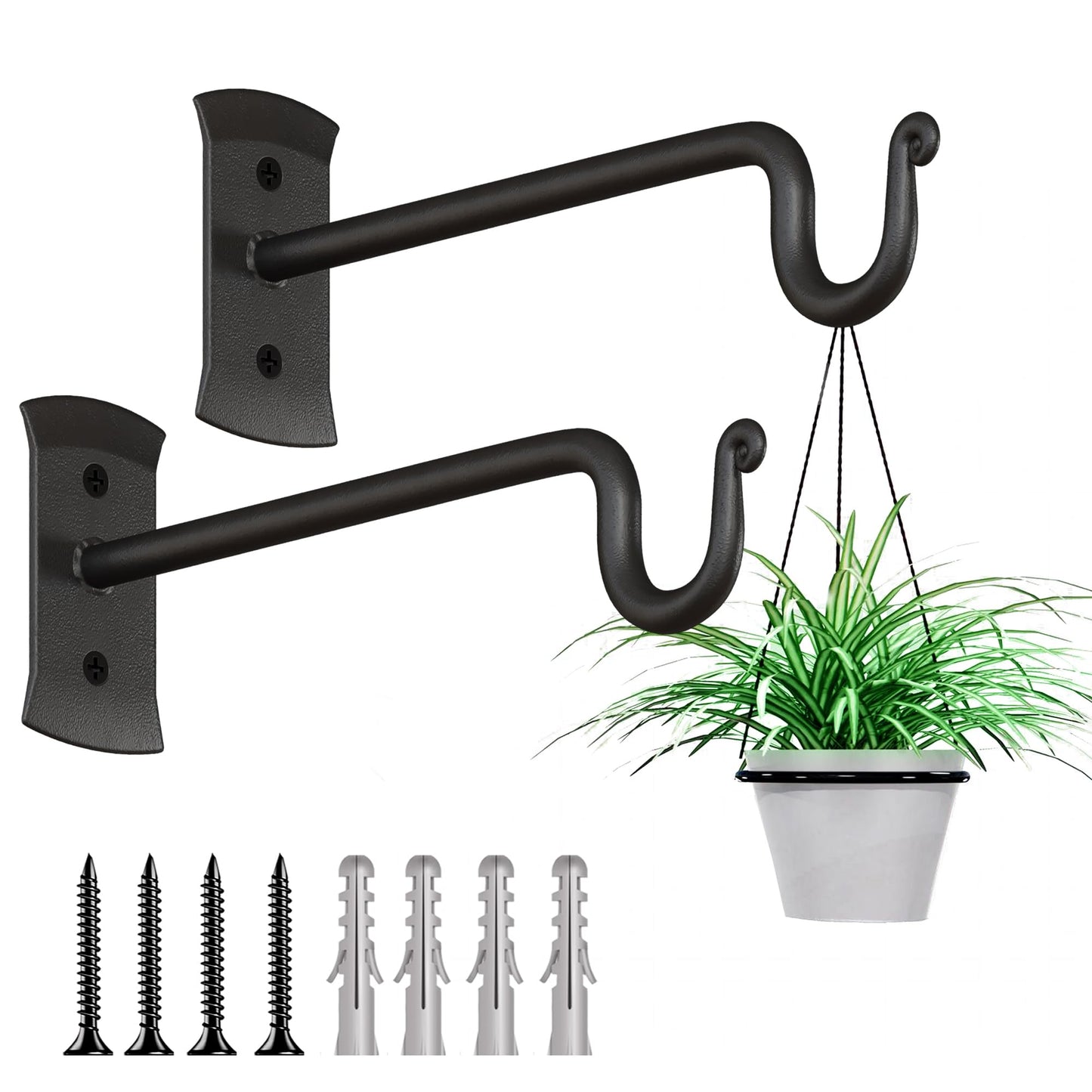 RTZEN Plant Hanger Shepards Hook - Hand Forged Heavy Duty Wrought Iron Wall Decor - Indoor or Outdoor Shepherds Hook Hanging Bracket for Bird Feeders Lanterns Baskets and Wind Chimes - 2 Pack