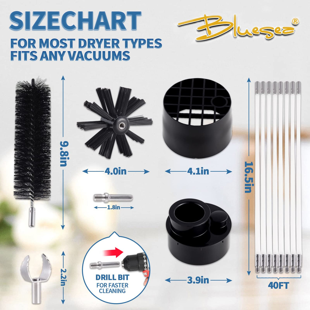 Bluesea 40 Feet Dryer Vent Cleaning Kit, Strong Nylon Cleaning System with Flexible Lint Trap Brush, Vacuum Attachment, and Adapters