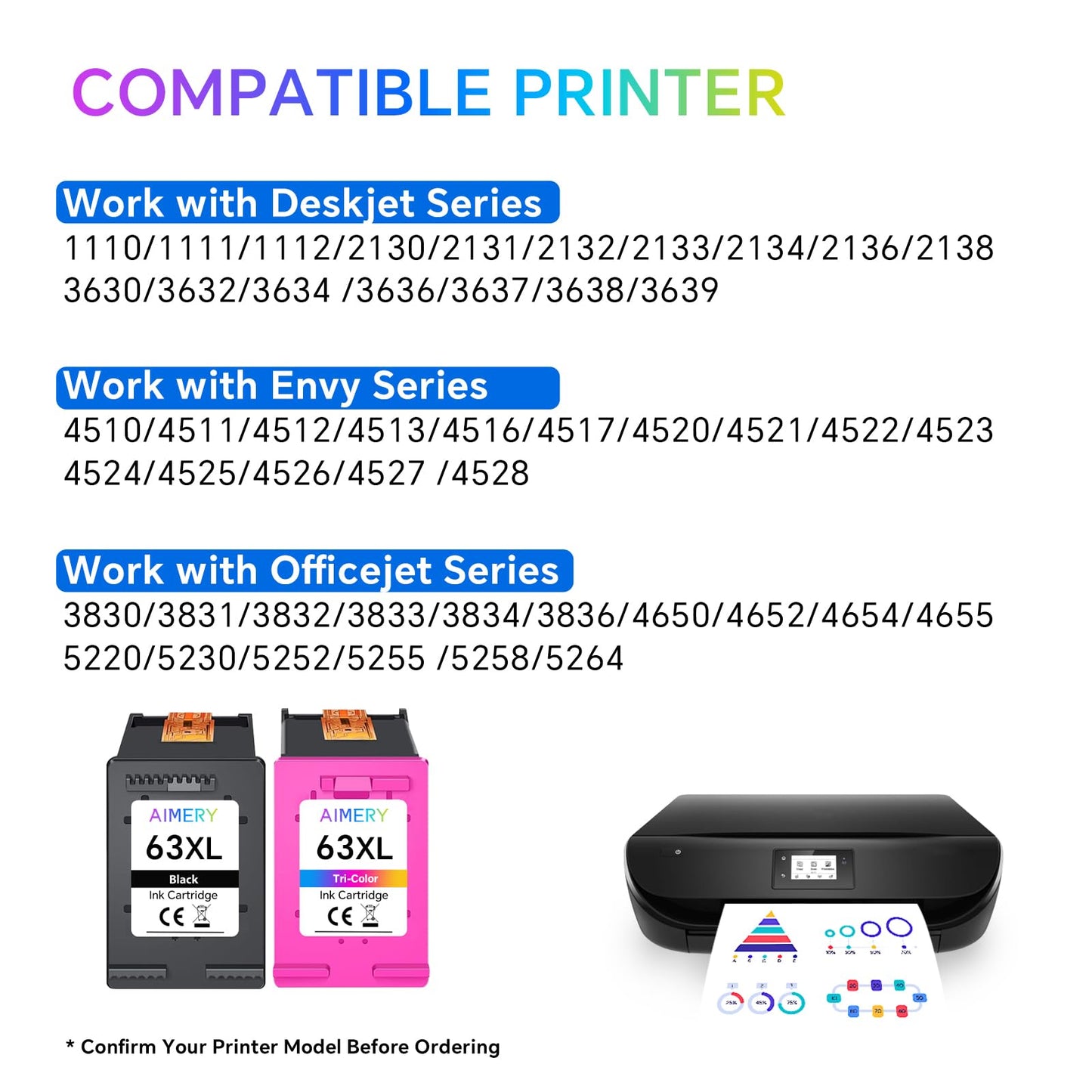 63XL Ink Cartridge Black and Colour for HP 63 Ink Cartridges 63 XL Work with HP Envy 4520 4522, Officejet 3830 3833 3836 4650 5255, DeskJet 3632 3630 Series Printer, 2 Pack
