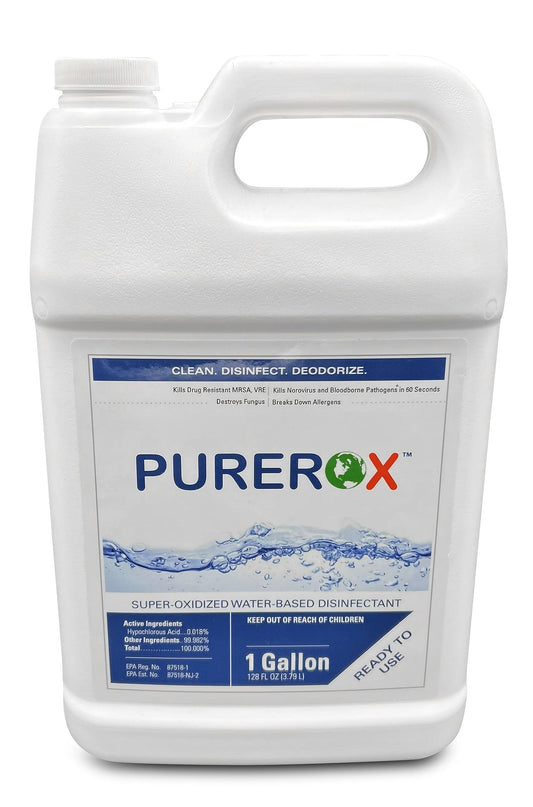 PUREROX disinfectant (1 gallon) Eliminate viruses HIV, Norovirus, bacteria MRSA and fungi. PUREROX Hypochlorous HOCL. Hospital Grade. Safe for Use Anywhere. Zero Toxic Residue. All Surfaces.