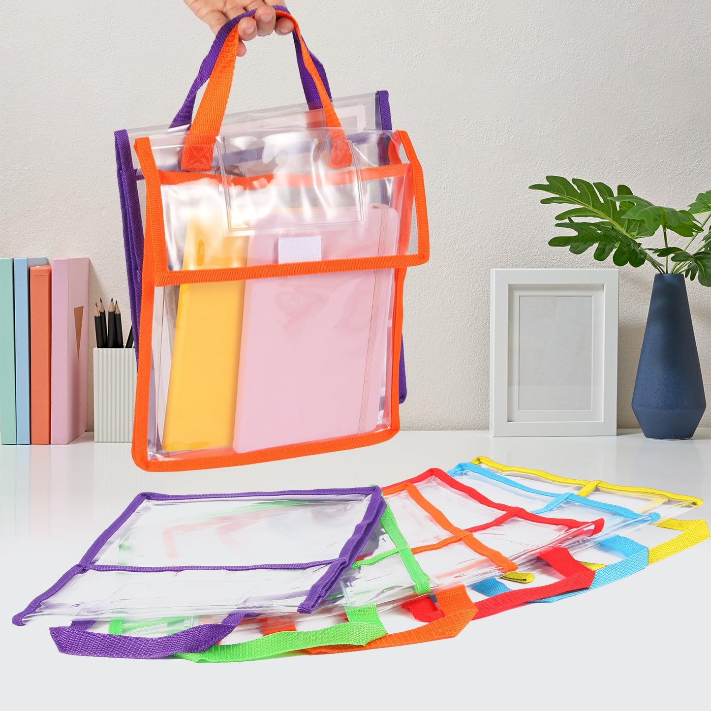 Tdfronien12 Pack Student Clear Book Pouches Bulk with Name Card Pocket and Handles Book Bags for Kids Organizing Storage Waterproof Pouches School Classroom Toys and Office (Bright Color,10 x 12 Inch)
