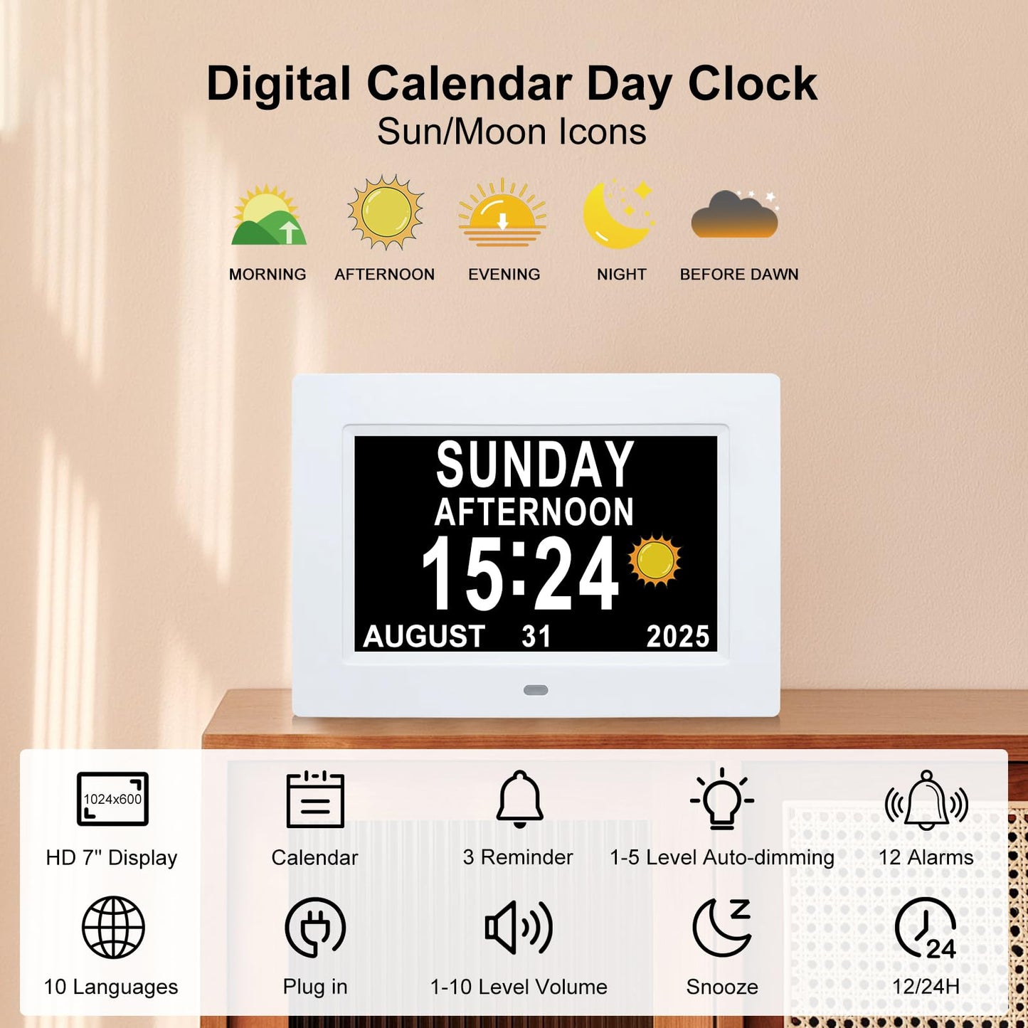 Dementia Clock for Seniors 7" Large Display Digital Calendar Day Clock,15 Custom Reminders, Alarm Clock with Day and Date,Auto-Dimmer,Electronic Calendar for Elderly Alzheimer's White-Remote Control
