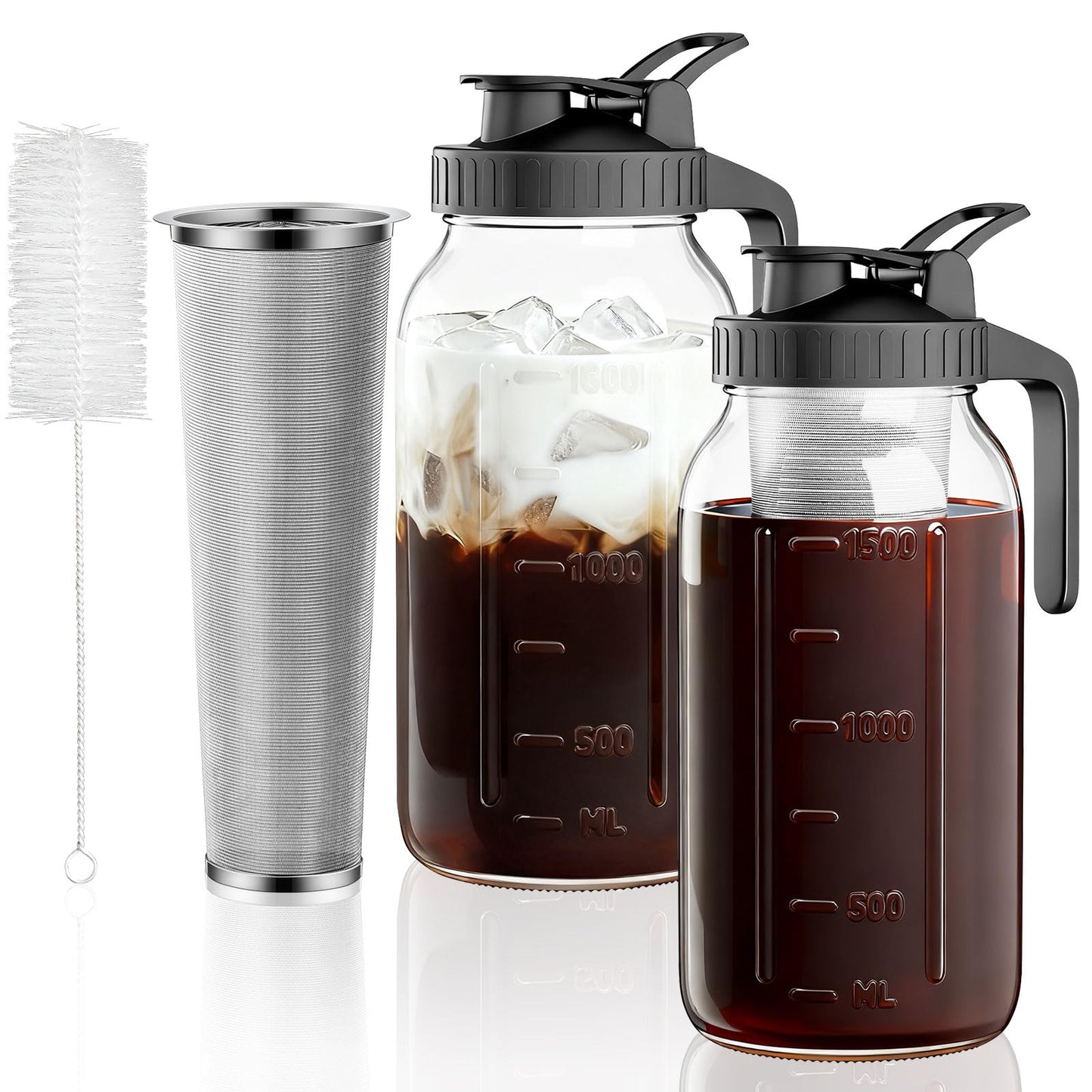 Set of 2 Cold Brew Coffee Makers 64oz with Stainless Steel Filter, Iced Coffee Maker with Leakproof Lid & Handle, Mason Jar Pitchers for Cold Brew