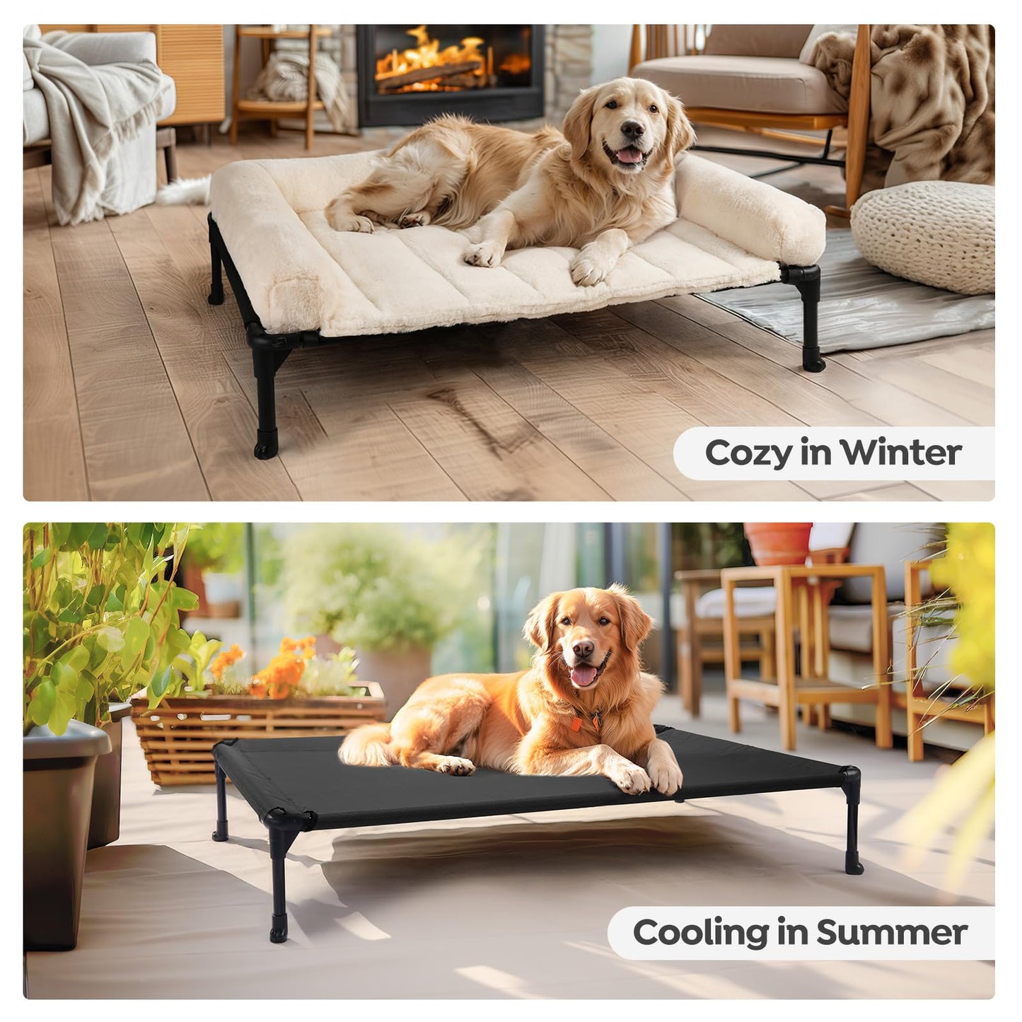 Veehoo Cooling Elevated Dog Bed + Removable Fluffy Plush Pillow Cushion, Raised Dog Bed with Washable Bolster Mat, Breathable Teslin Mesh, No-Slip Feet, 32" x 25" Dog Couch Bed, White, CWC2331E