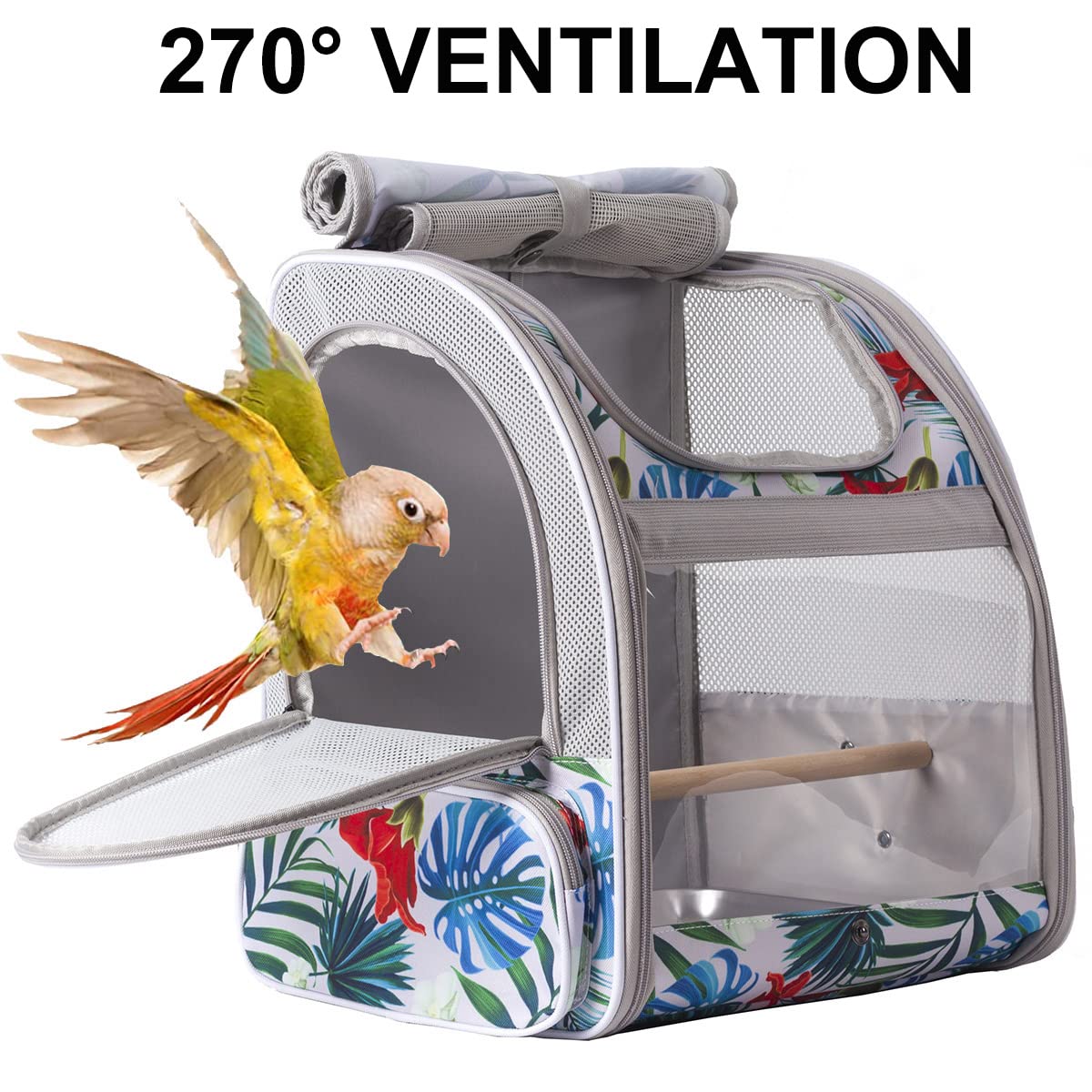 ORIZZP Bird Backpack Carrier with Stand Perch, Travel Backpack for Hiking, Airline Approved Printed Floral Bird Backpack
