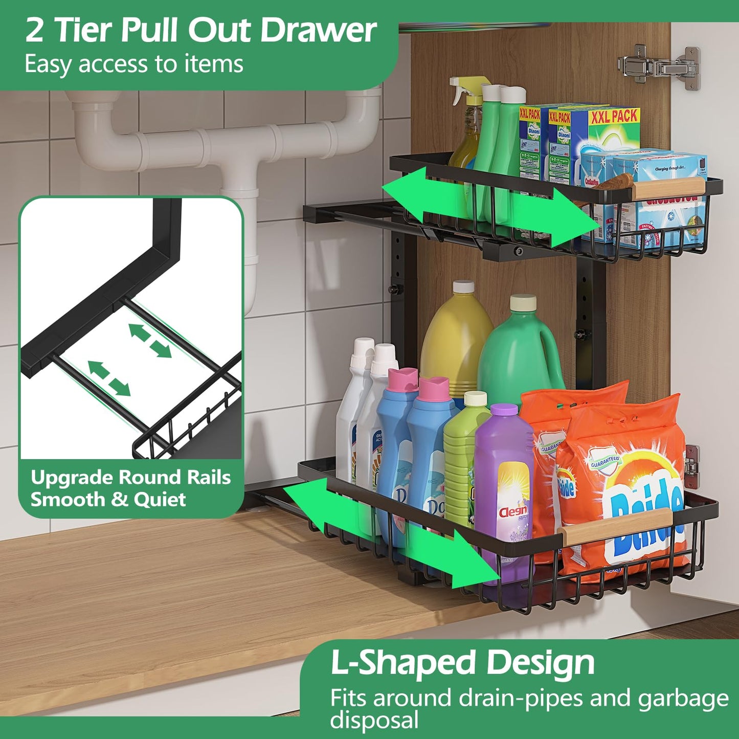 ADRIMER 2 Tier L-shaped Under Sink Organizer, Pull Out Kitchen Organizers and Storage, Undersink Organizers and Storage for Kitchen Bathroom, Height Adjustable, Black