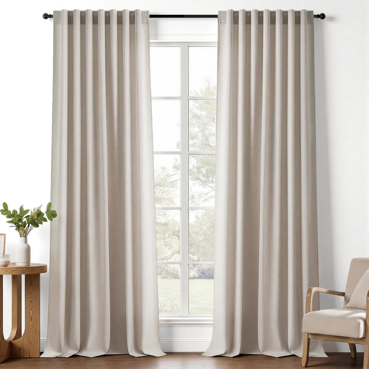 Back Tab Sheer Linen Curtains 90 Inches Long Linen Textured Curtain Oatmeal Semi Sheer Blend Light Filtering Linen Drapes for Rod Pocket 52x84 2 Panels Set Farmhouse Boho Light Oatmeal