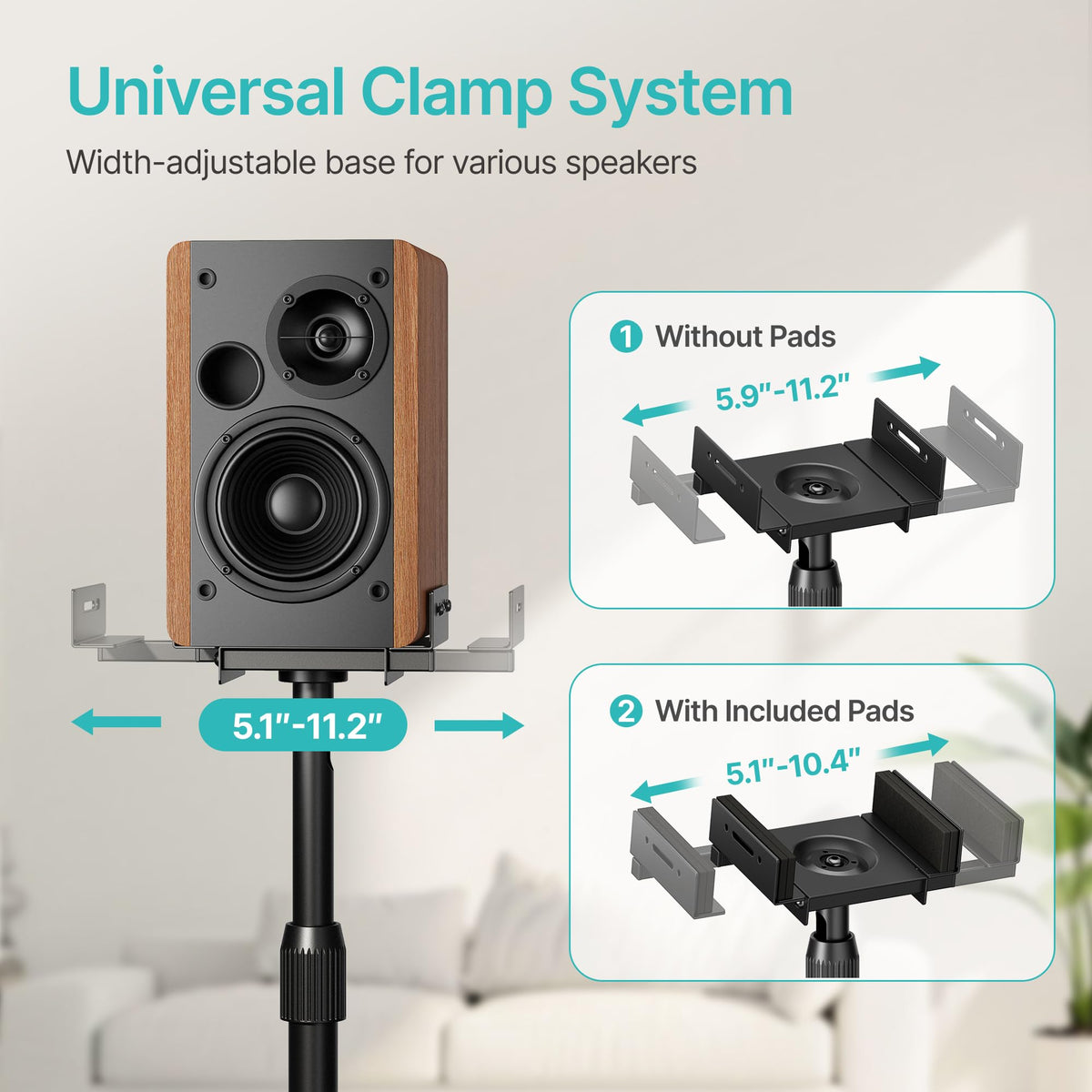 Pegzone Height-Adjustable Speaker Stands Pair,11LBS Capacity,Height Adjustable from 33.4" to 44.0",Surround Sound Speaker Stands,Cable Management,Black,1 Pair