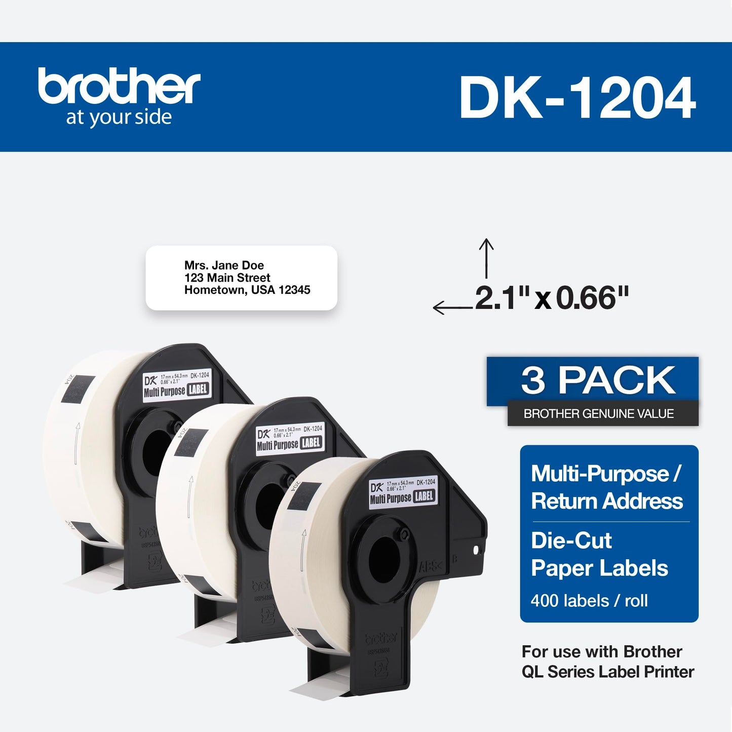 Brother Genuine DK-12043PK Multipurpose Paper Label Roll, Die-Cut Paper Labels, Engineered for Excellence, 400 Labels Per Roll, (3) Rolls per Box (DK12043PK)