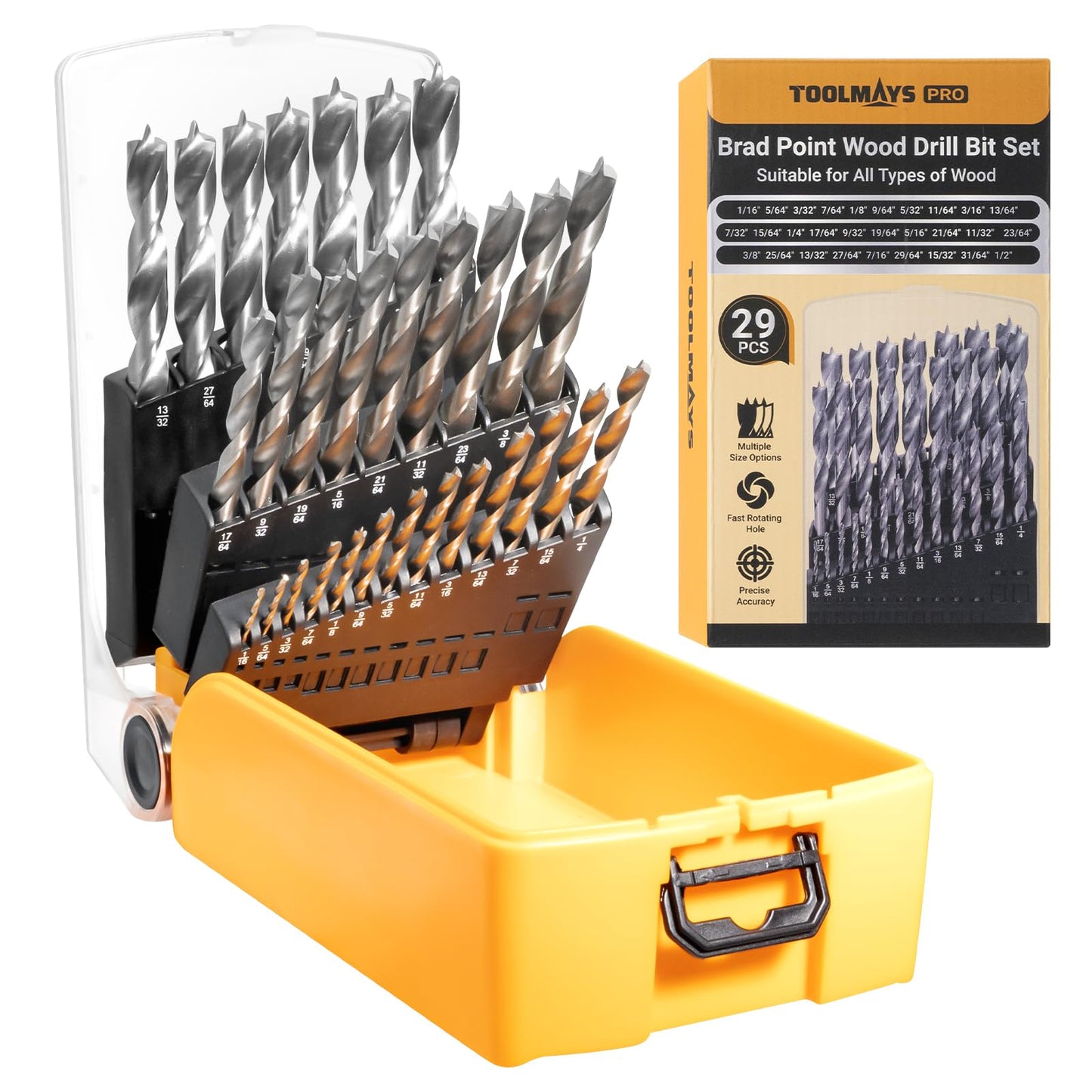 TOOLMAYS Brad Point Drill Bit Set, 29 PCS HSS Wood Drill Bit Set with Double Flutes Design for Carpenter Woodworking and All Types of Wood (1/16" - 1/2")
