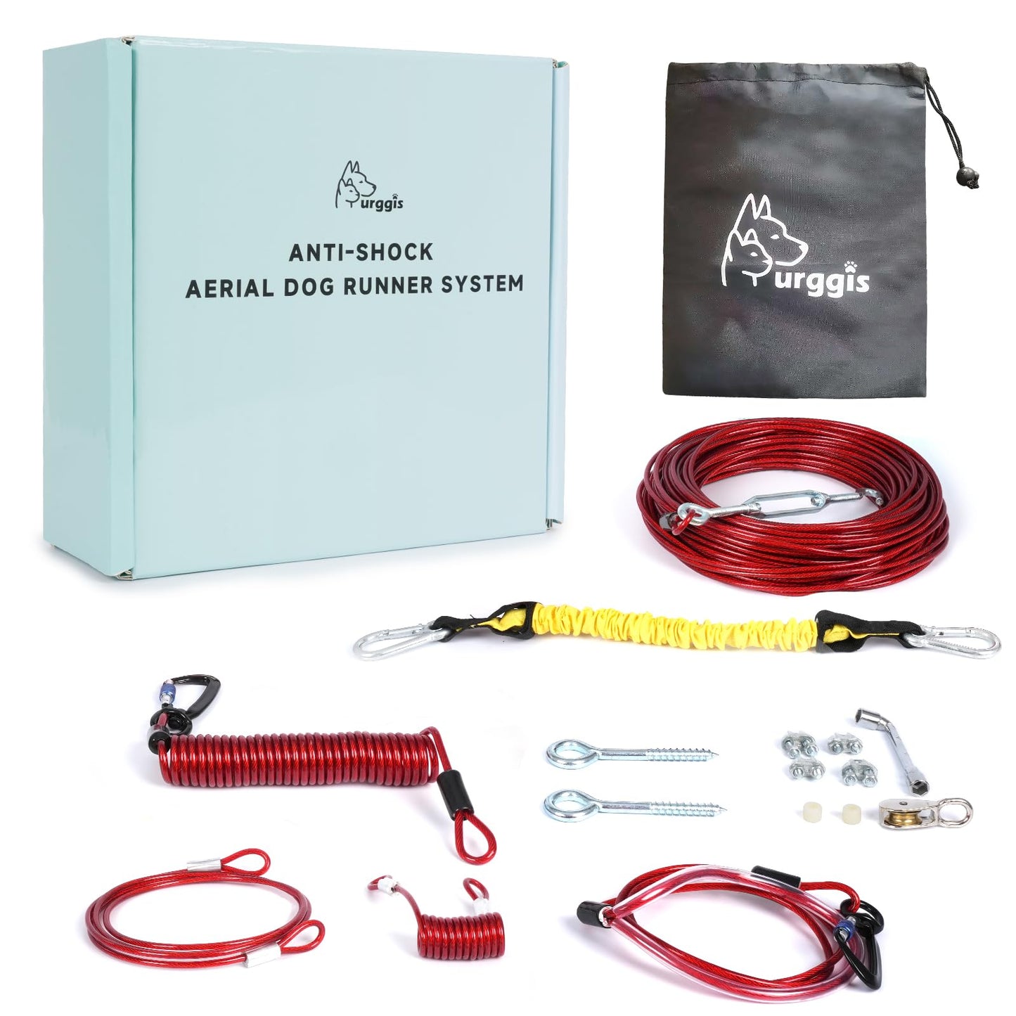 Dog Runner for Yard,Anti-Shock Dog Trolley System 50/75/100/150/200FT,Heavy-Duty Aerial Dog Run Cable with Bungee for Dogs up to 300lbs,Outside Dog Zip line for Backyard,Camping, Park (Red, 200FT)