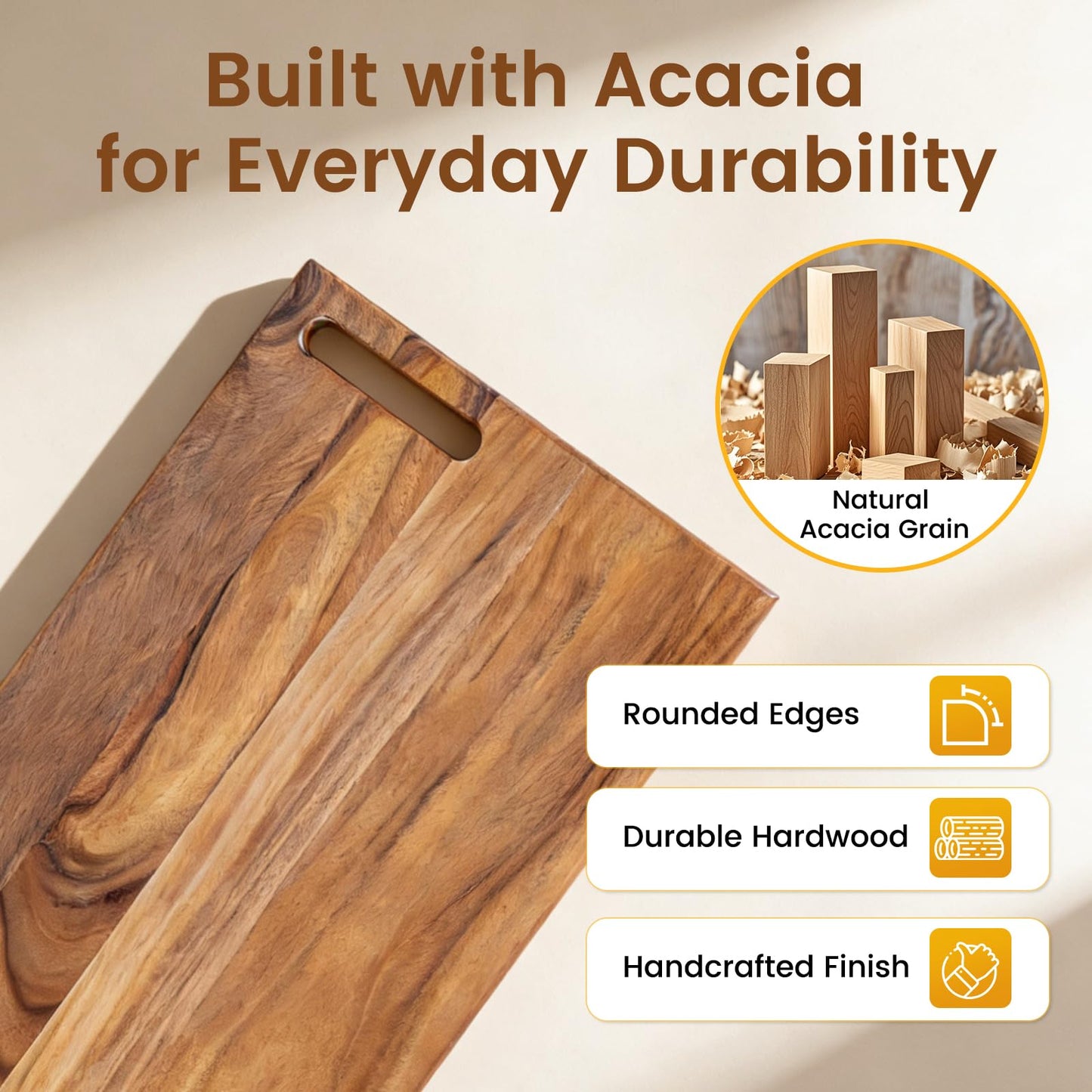 Acacia Wood Cutting Board Set of 3 with Holder, Wooden Cutting Boards for Kitchen, Chopping Board Set with Handle for Meat, Bread, Cheese & Serving, Charcuterie Boards