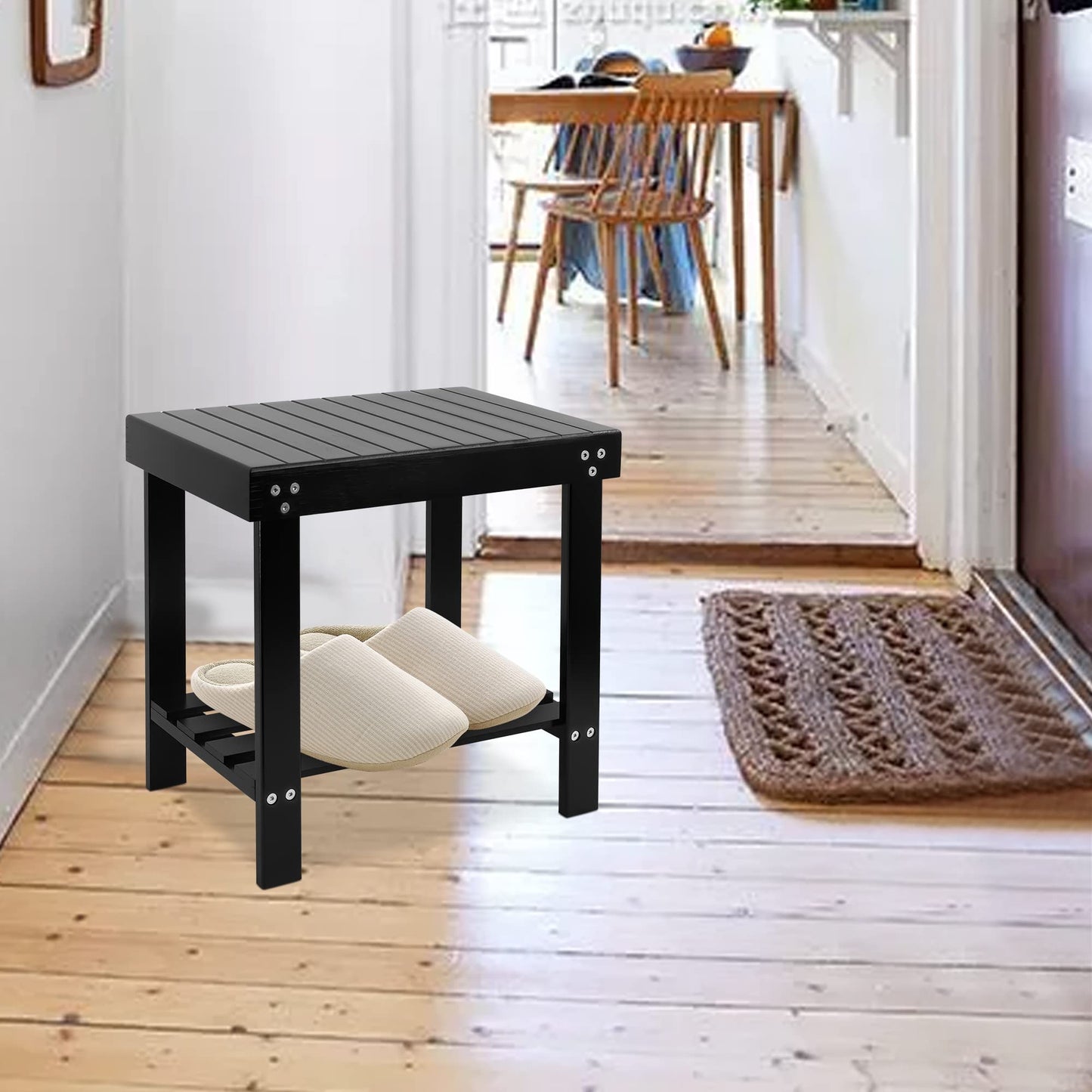 VaeFae - Bamboo Spa Bench with Non-Slip Feet and Shampoo Towel Storage Shelf, Works in Bathroom, Living Room, Bedroom, Garden, Black