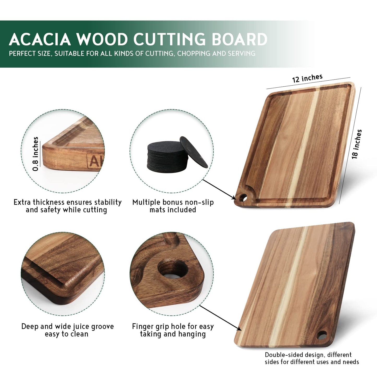AZRHOM Large Acacia Wood Cutting Board for Kitchen, Butcher Block for Meat and Cheese, Chopping Board with Hanging Hole and Groove 18x12 Inch