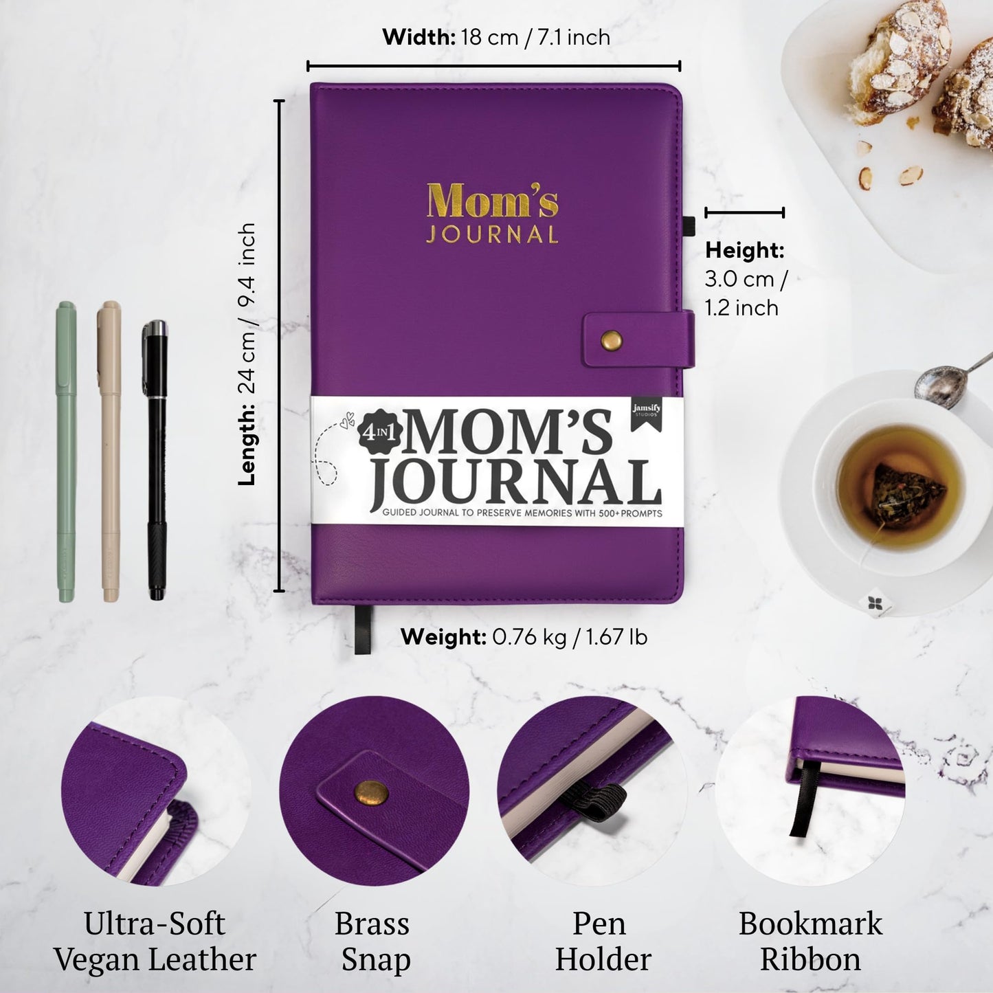 Jamsify Studios 4-in-1 Mom’s Story Activity Journal (Hardcover) – 500+ Prompt Vegan Leather Activity Book with Prompts, Stories, and Games – Family Keepsake for a Mother’s Life Memories – B5 Size, 200+ Pages – Life Story Memory Book with Guided Questions