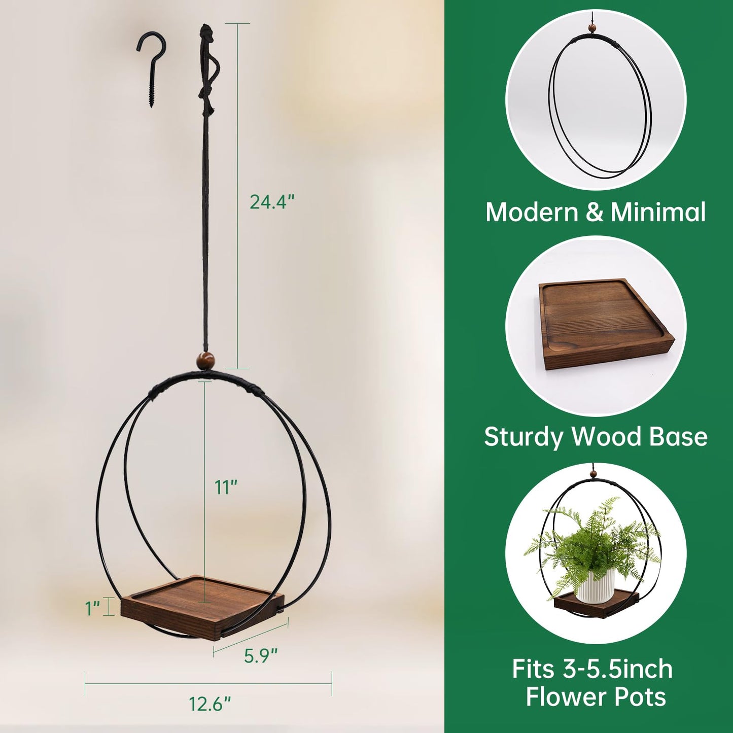 hismocal 4 Pack Hanging Planters for Indoor Plants,Plant Hanger with Sturdy Wood Base,Modern Boho Macrame Plant Hanger,Wall Ceiling Window Stands(Plants/Pots Not Included)