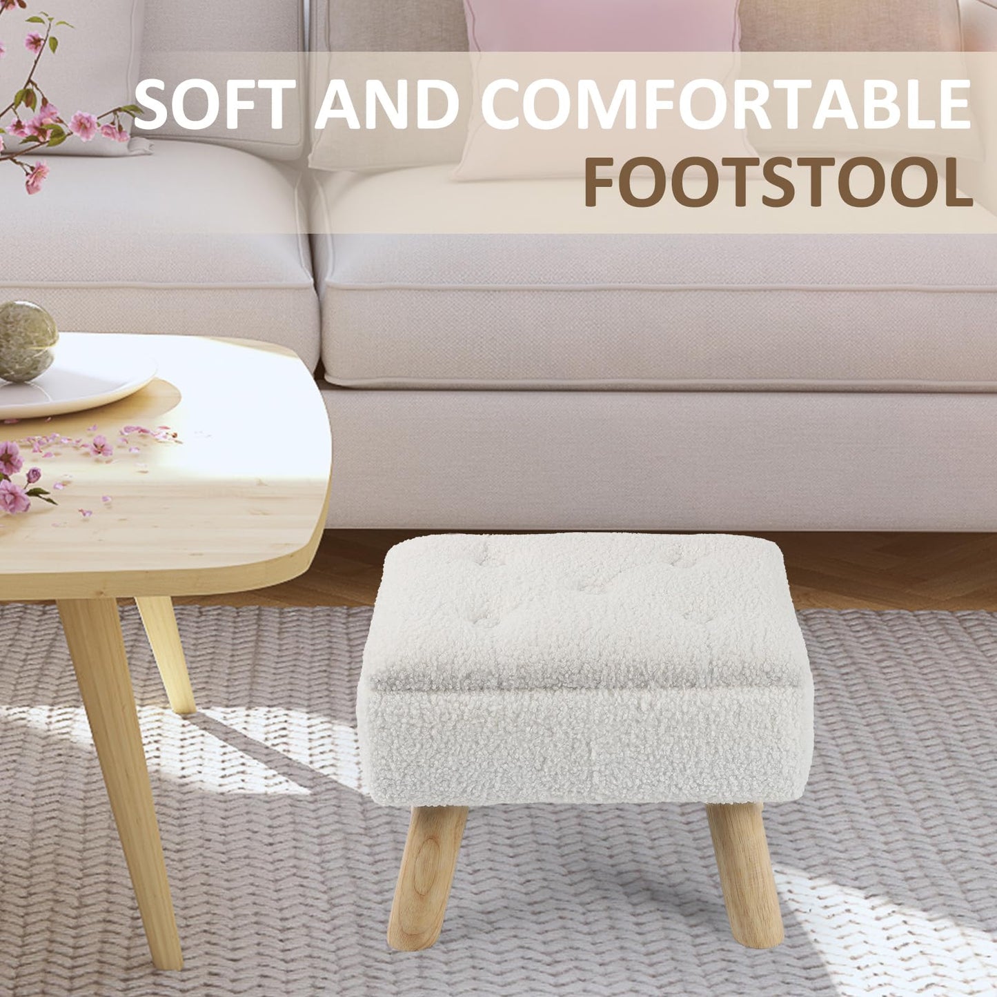 OGEMXU Storage Ottoman, Small Foot Stool Ottoman with Storage, Boucle Teddy Velvet Foot Rest with Padded Seat. (Cream)