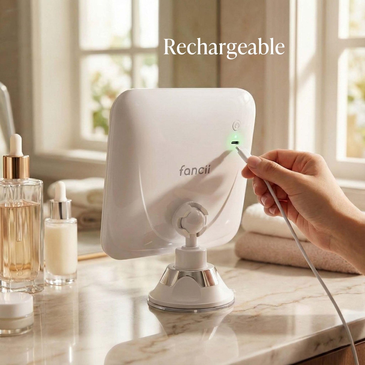 Fancii Rechargeable 10x Magnifying Mirror with 3 LED Light Settings, Dimmable Touch Light, Cordless, Locking Suction Mount, Lighted Mirror for Bathroom or Travel (Mira 2)