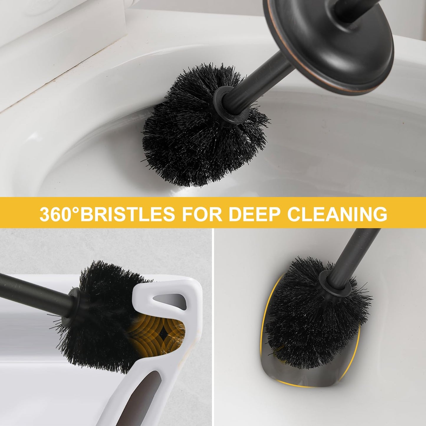 BESy Toilet Brush and Holder, Toilet Cleaner Bowl Set with Two Brush with Extra Long Handle, Durable Bristles Toilet Scrubber and Covered Holder, Drip-Proof Stainless Steel Oil Rubbed Bronze