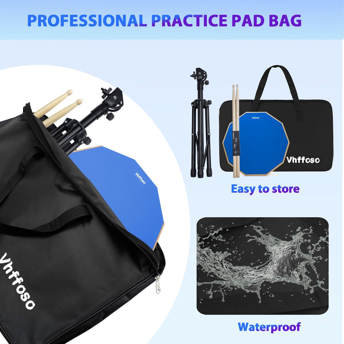12 Inch Practice Drum Pad with Stand and Sticks, Beginner Snare Drum Pad with Drumsticks and Carrying Bag, Double Sided Silent Drum Pad (Blue)
