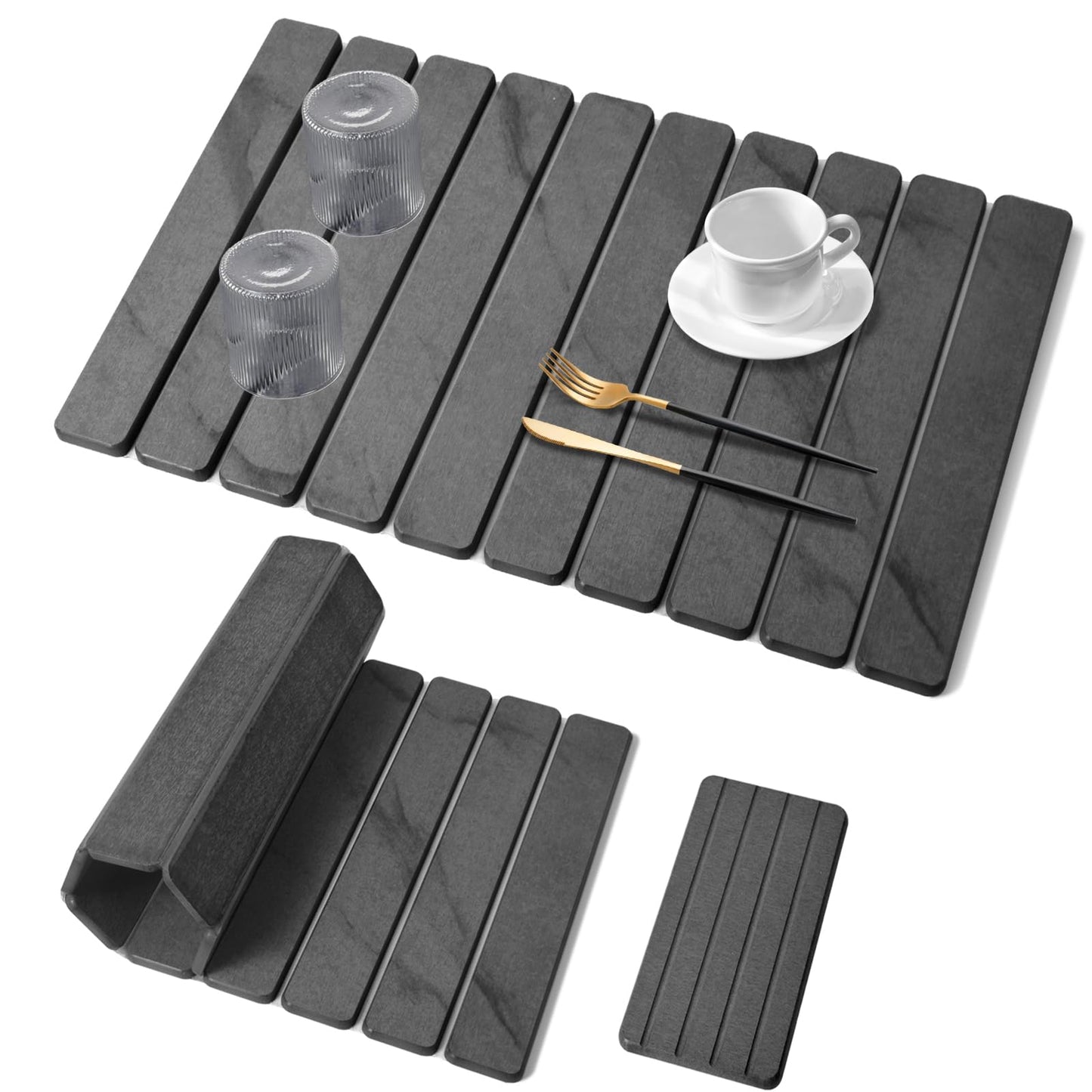 2 PCS Large Stone Dish Drying Mats for Kitchen Counter, 61"(L)×41"(W) Marble Pattern Dish Drying Mat with 20"x 10" Coasters, Collapsible Quick-Dry Diatomite Drying Mat for Dishes, Bottles & Cups