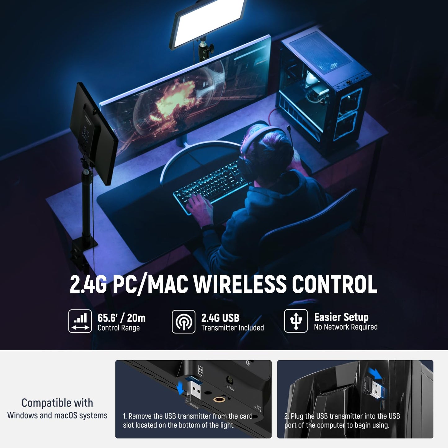 NEEWER 25W 12.9" Streaming Key Light with Desk Stand/2.4G Remote/USB Transmitter, PC/Mac APP Control Dimmable Edge Lit Video Panel Light with 2300Lux 2900K-7000K CRI98+ for Webcam Laptop Zoom, GL25B