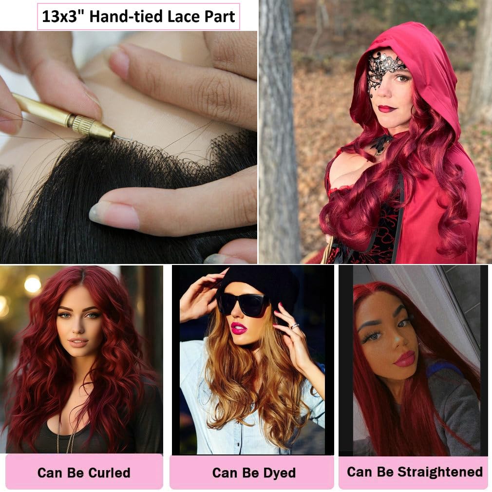 SERENEWIG Female Dark Red Synthetic Lace Front Wigs for Women Cosplay Party Replacement Drag Queen Mermaid Red Real Natural Color Long Wavy Hair Synthetic Full Glueless Wig 24"