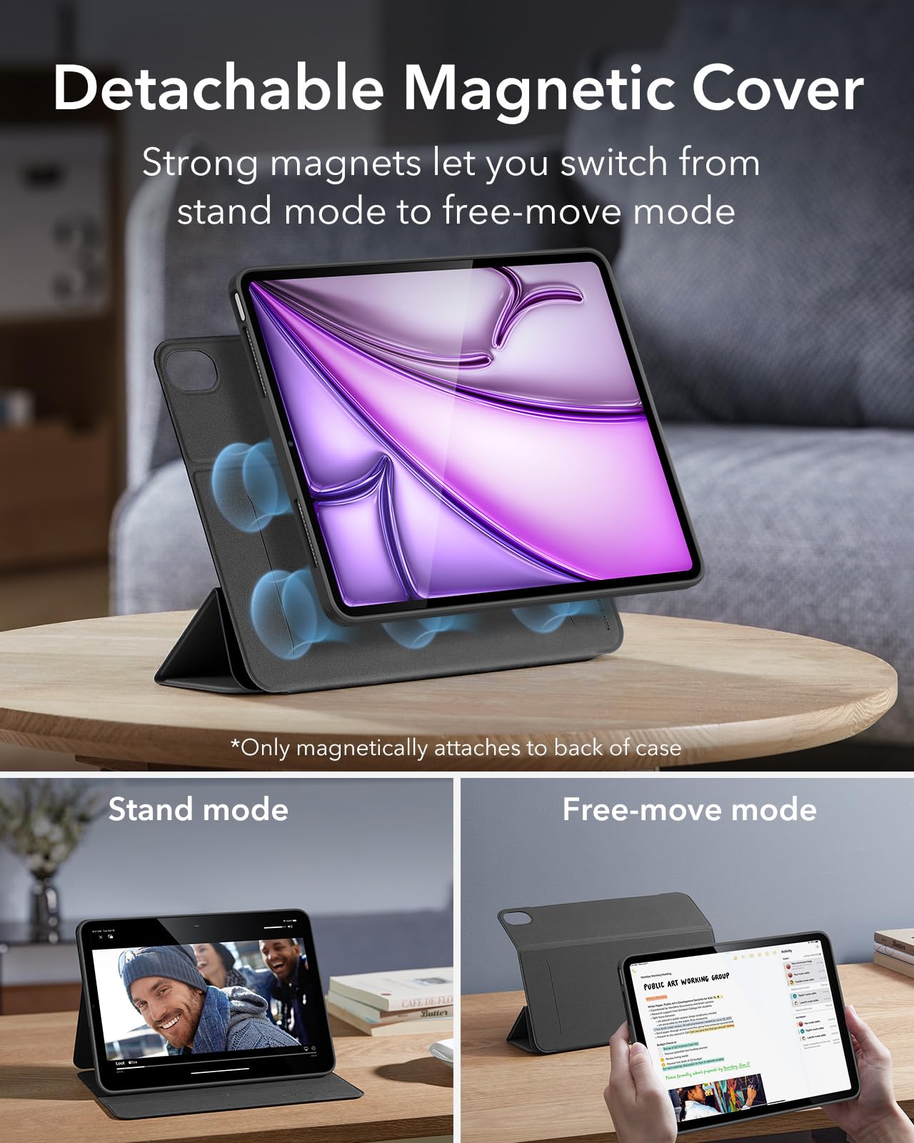 ESR for iPad Air 13 Inch Case M3/M2(2025/2024) with Pencil Holder, Removable Magnetic Cover, Vertical Stand, Fully Supports Pencil Pro and Pencil(USB-C), Rebound 360 Series, Black
