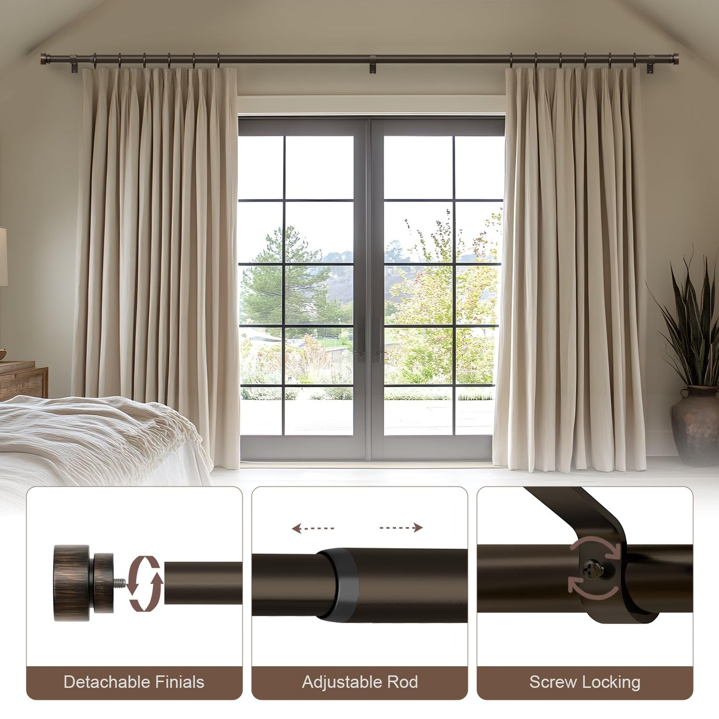 2 Pack Modern Antique Brown Curtain Rods for Windows 48 to 88 Inches Adjustable Length Heavy Duty 1" Diameter Window Rod with Decorative Finials for Outdoor Farmhouse Bedroom Kitchen Living Room
