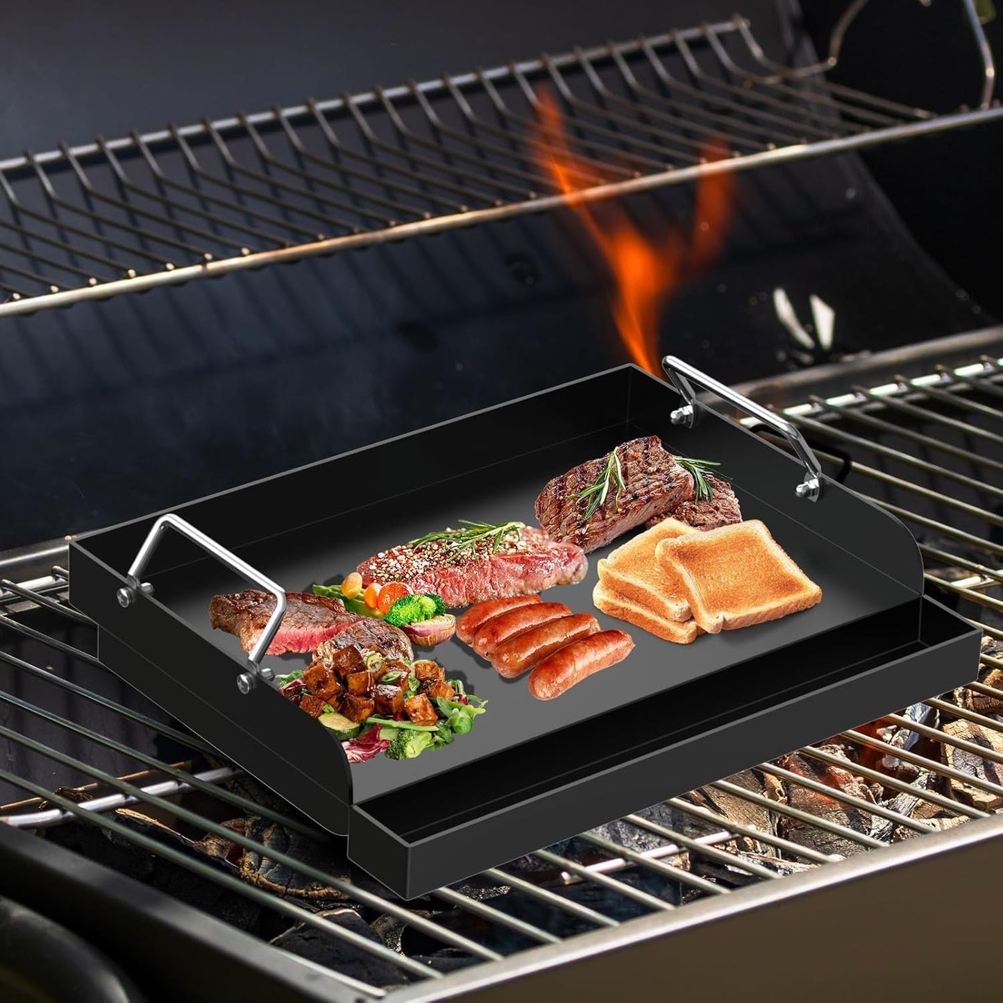 17" x 13" Nonstick Grill Griddle for Most Gas Grills, Universal Flat Top Griddle for Charcoal/Gas Stove, Cooking Griddle Plate with Removable Handles & Grease Groove for Camping,Tailgating,Parties