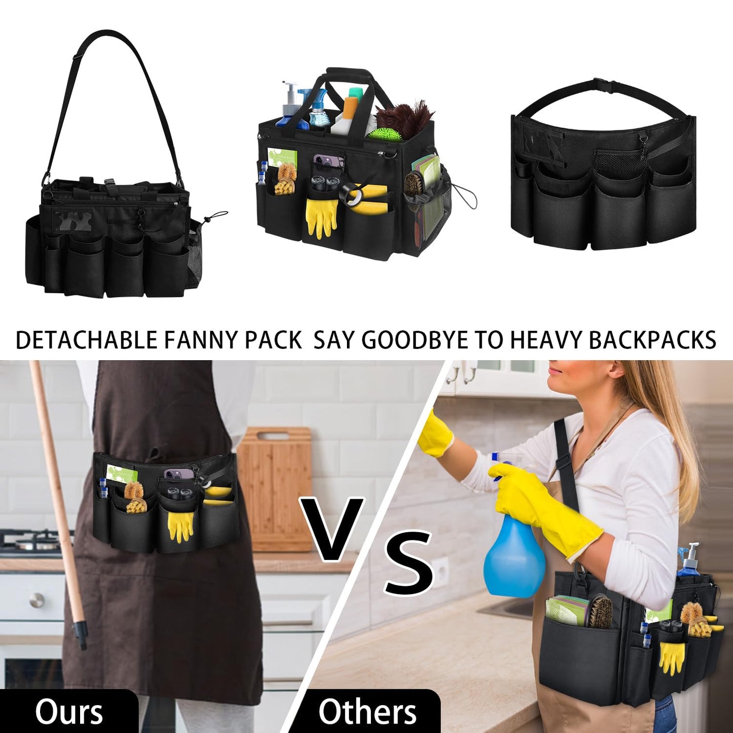 Cleaning Bags for Housekeepers, Large Cleaning Supplies Organizer with Handles & Shoulder Strap, Cleaning Caddy Bag with Foldable Divider for Cleaners, Car Horse Clean Bag (Black)