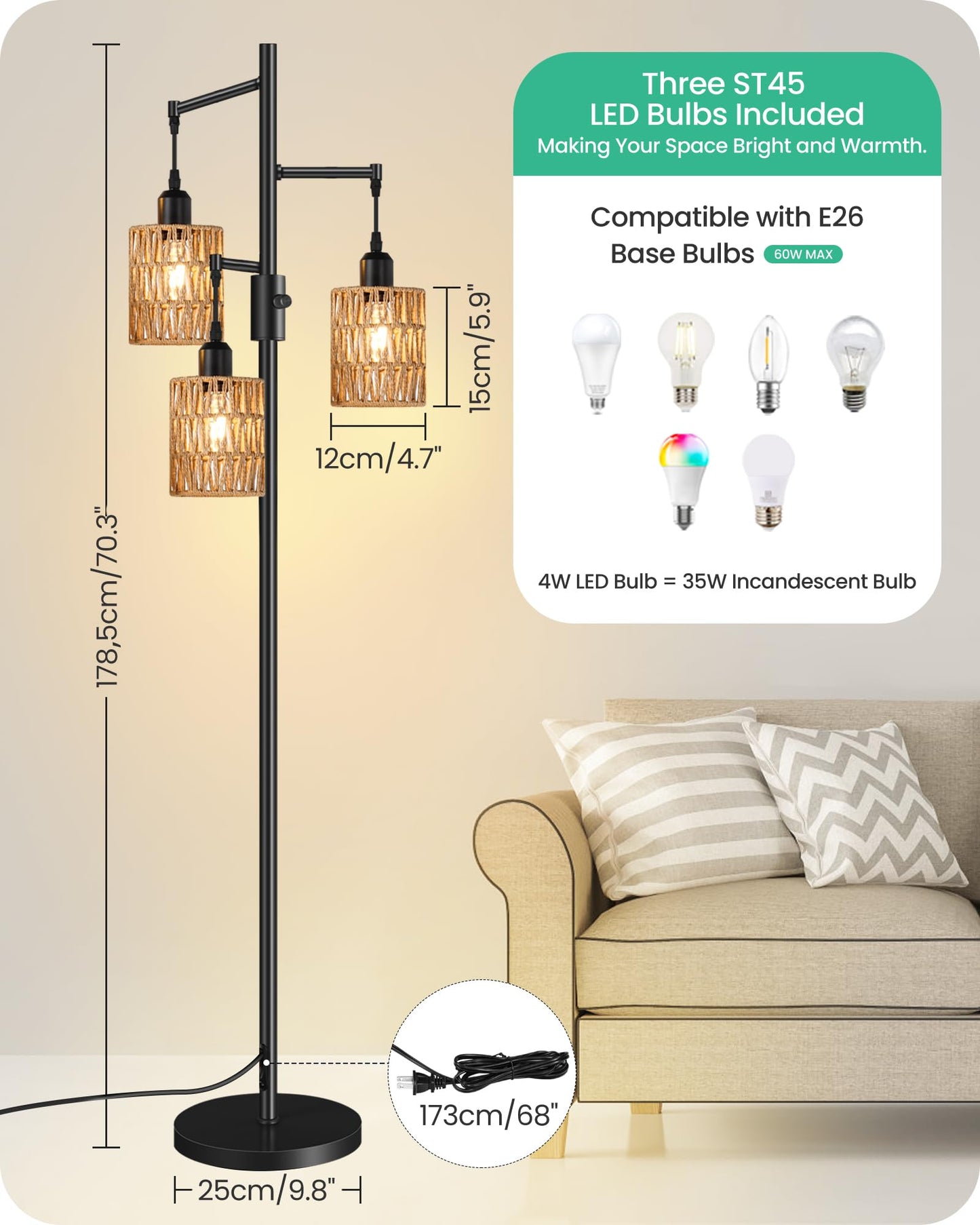 GOEBLESON Dimmable Floor Lamp, Farmhouse 178CM Tall Standing Tree Lamp with 3 Rope Woven Bamboo Lampshades, Boho Rattan Floor Lights, 4W 3 LED Bulbs Included, for Living Room, Bedroom, Study, B03LD05