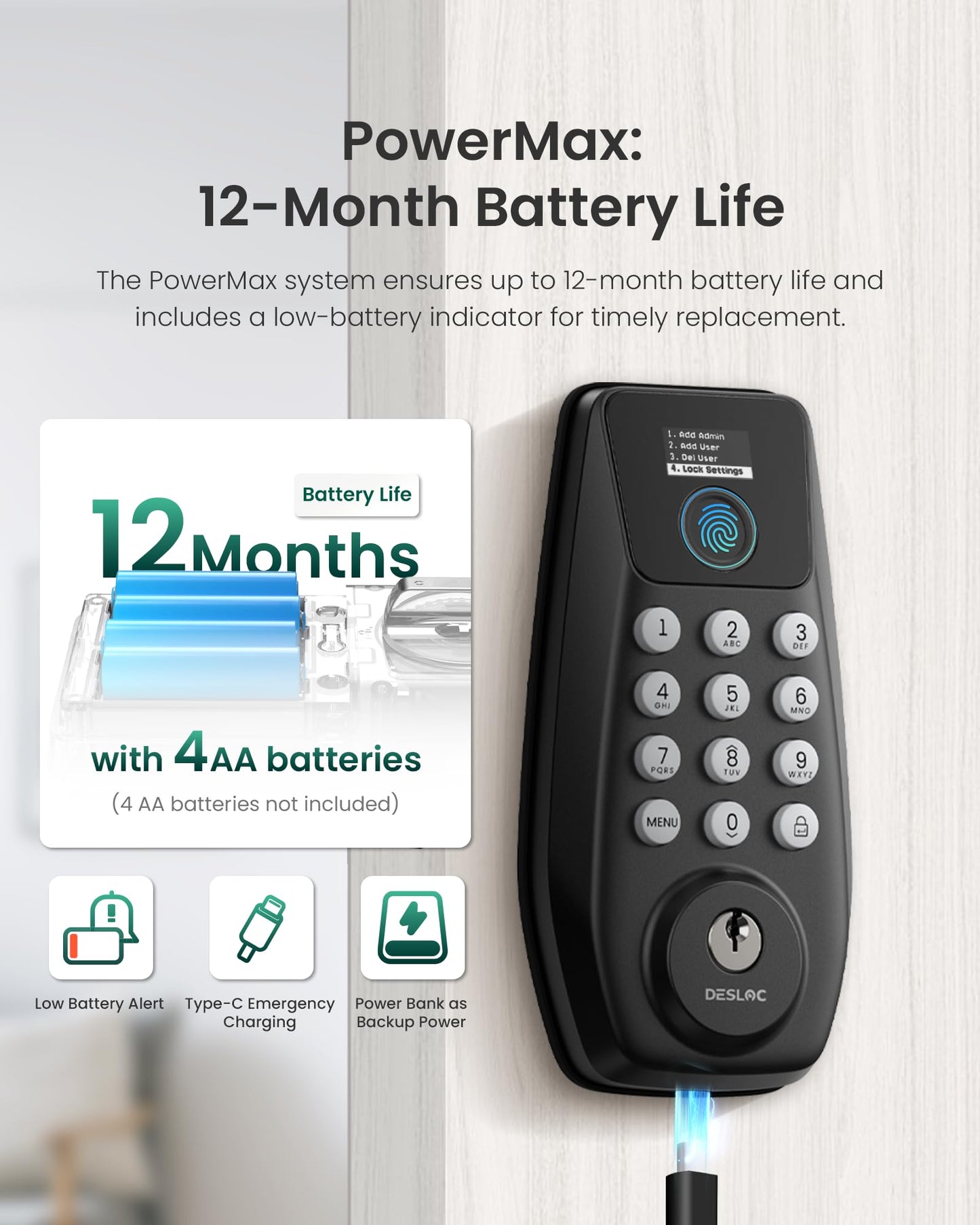 DESLOC C110 Fingerprint Keyless Entry Door Locks, Front Door Smart Lock Deadbolt with 2 Keys, Auto-Lock, Backlit Keypad, 12 Months Battery, IP54 Waterproof, BHMA Grade 3 (Black)