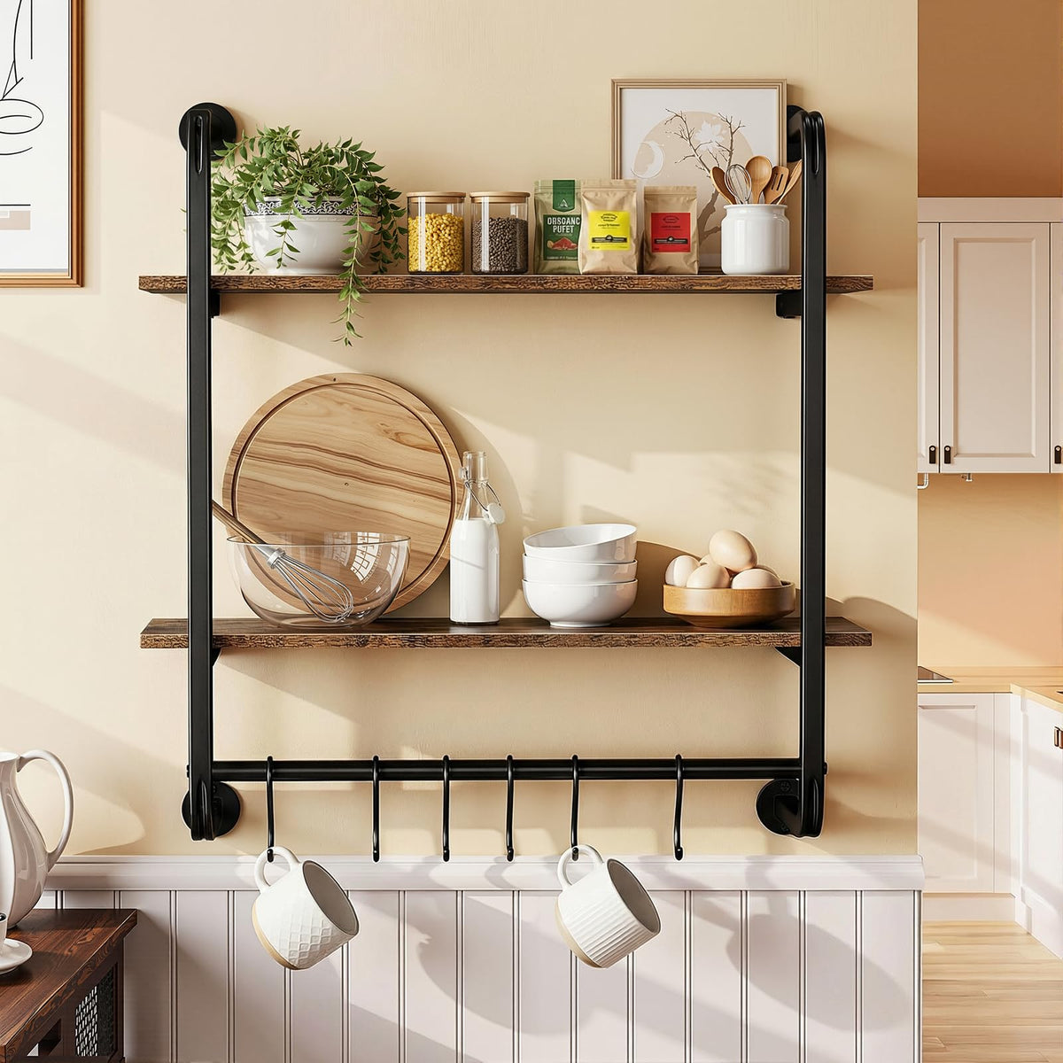Kssiaz 2 Tier Industrial Pipe Floating Shelf, 24" Kitchen Wall Shelves with Towel Bar & 6 Hooks, Coffee Bar Shelves Display Bookshelf Wall Shelf for Kitchen, Bathroom, Home Décor, Rustic Brown