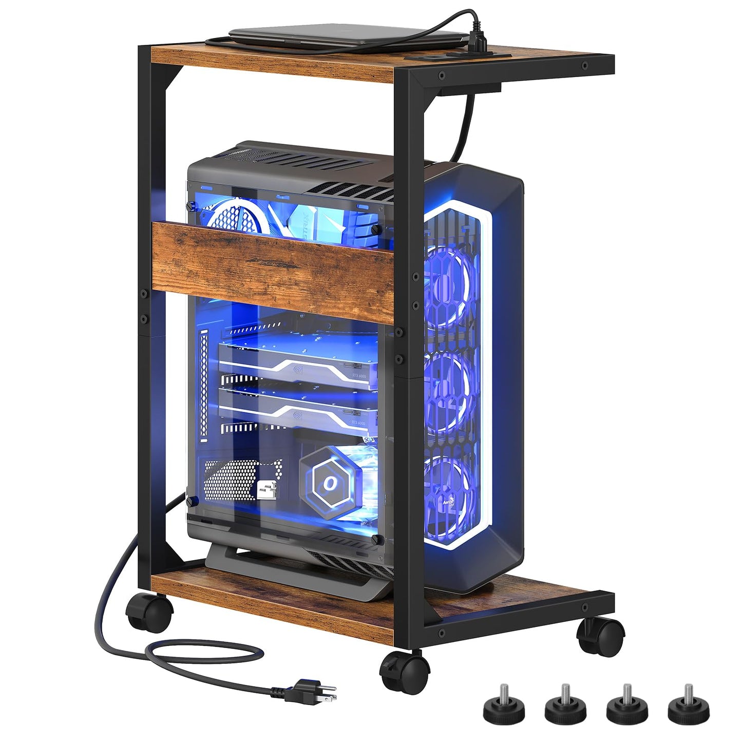 HOOBRO Computer Tower Stand, PC Stand with Charging Station, 2-Tier PC Tower Stand with Locking Caster Wheels, CPU Stand Fits Most PCs, for Floor, for Home Office Rustic Brown BF01UCJ01G1