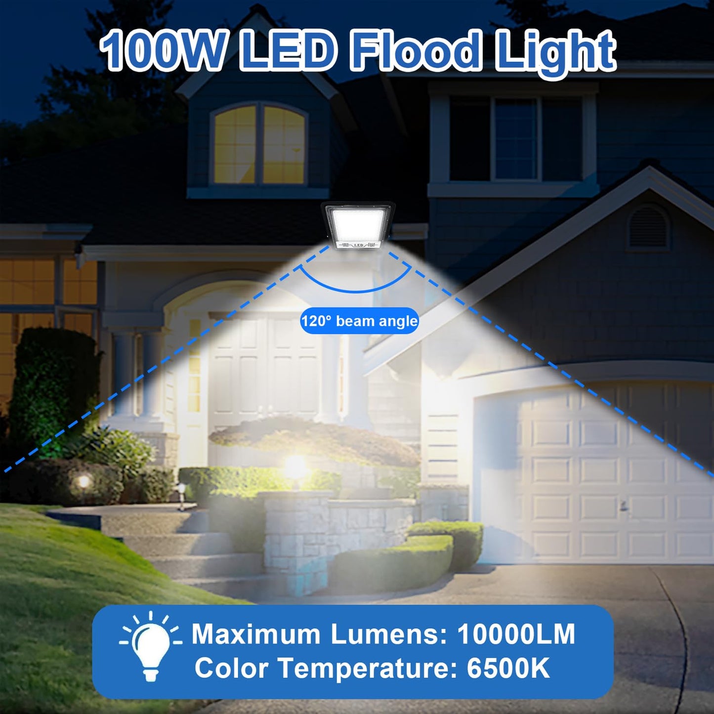 2 Pack Flood Light Outdoor, 100W 10000lm LED Flood Light, IP66 Waterproof Exterior Flood Lights, 6500K Daylight White, Plug in Outdoor Lights Led for Patio, Garage, Porch, Lawn, Yard, Garden