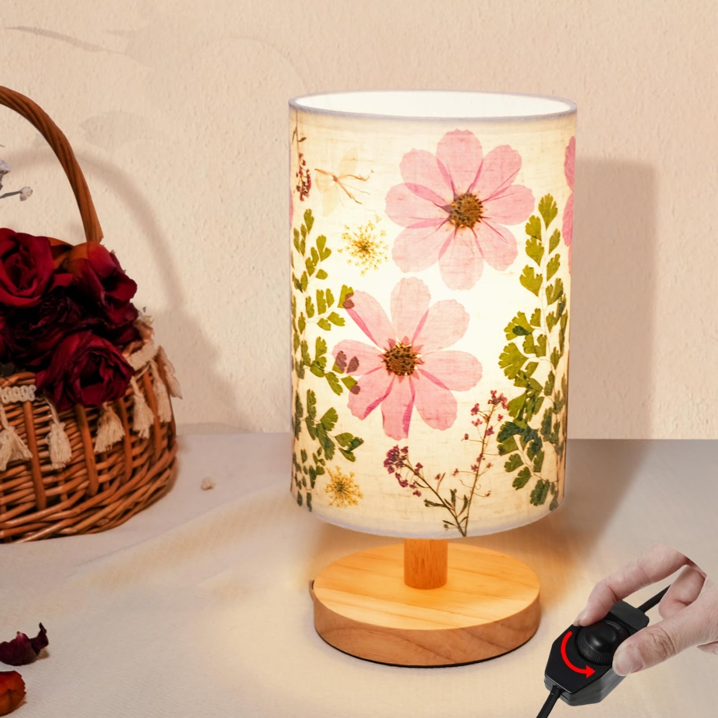 Floresita Dried Flowers Table Lamp 9W LED Dimmable Warm Light Pressed Flower Bedside Lamp Linen Shade with Wood Base for Bedroom Living Room Desk Office