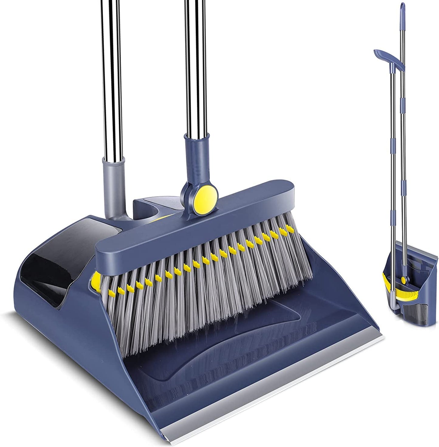 Almcmy Broom and Dustpan Set for Home, Long Handle Broom Dustpan Combo, Foldable Dustpan with Comb Teeth, Standing Broom and Dustpan Set for Home Kitchen Lobby Indoor Floor Cleaning (Navy Blue)