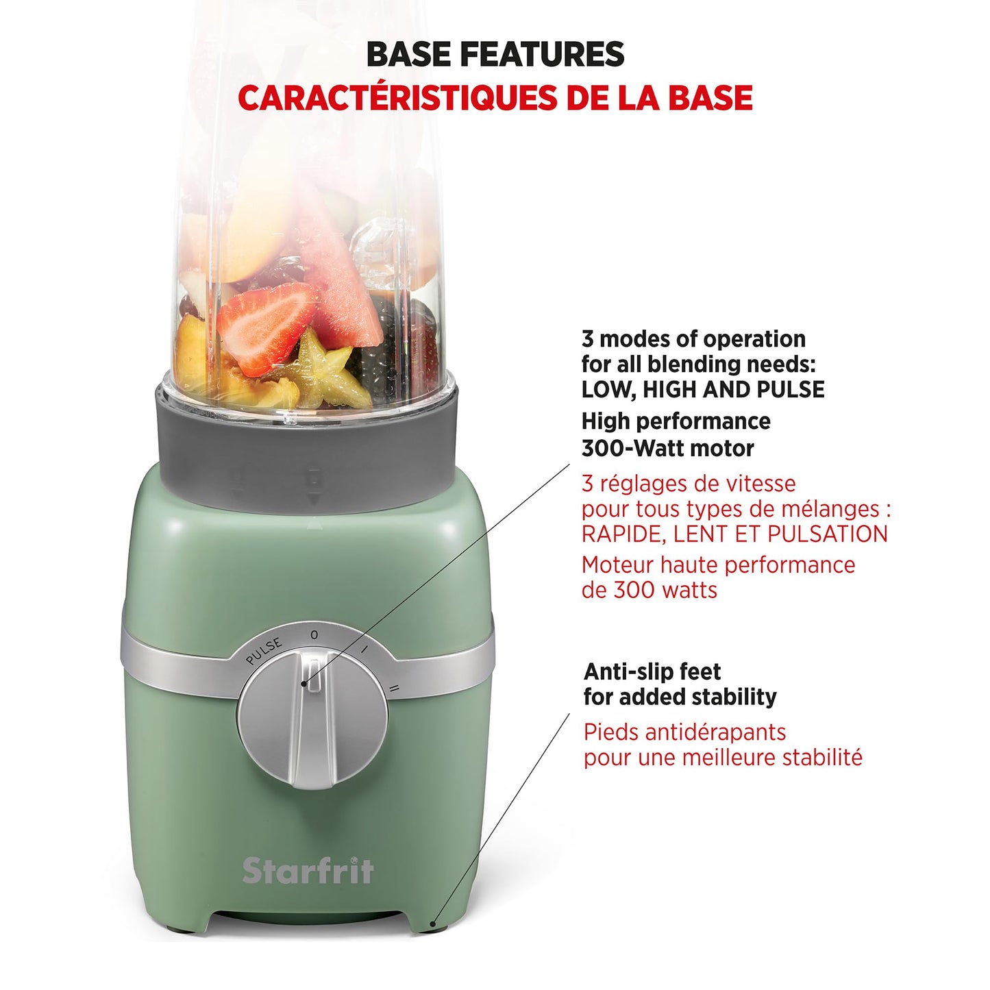 Starfrit Personal Blender - Two 828ml Cups - Two Blades - High, Low & Pulse Modes - 300W - Sage