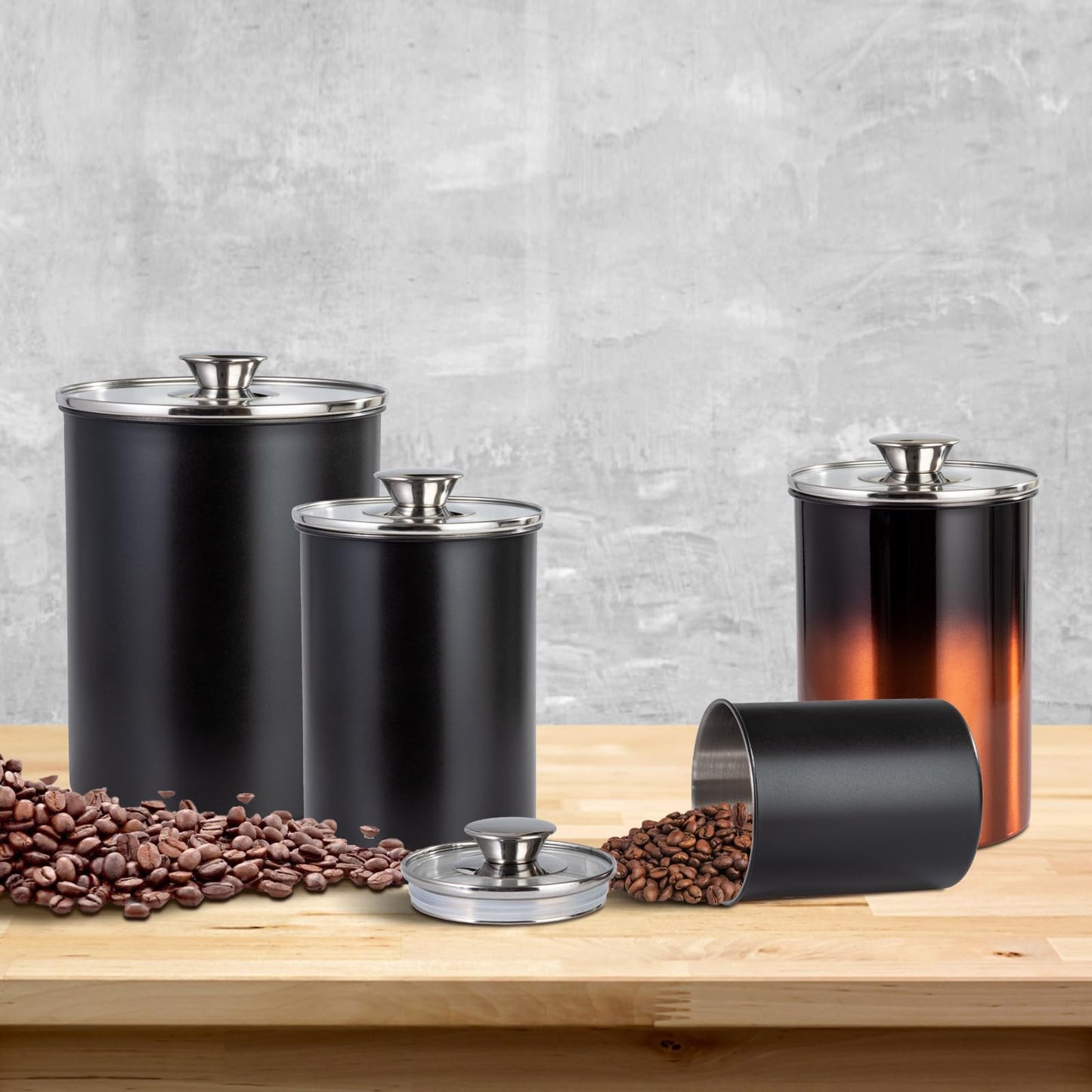 malmo Stainless Steel Food Canister Set of 4-Piece, 40.5/71/98/132 Ounces,Airtight Containers with Glass Lid for Tea,Coffee,Sugar,Flour,Pantry Kitchen Storage Storeroom Counter (Black)