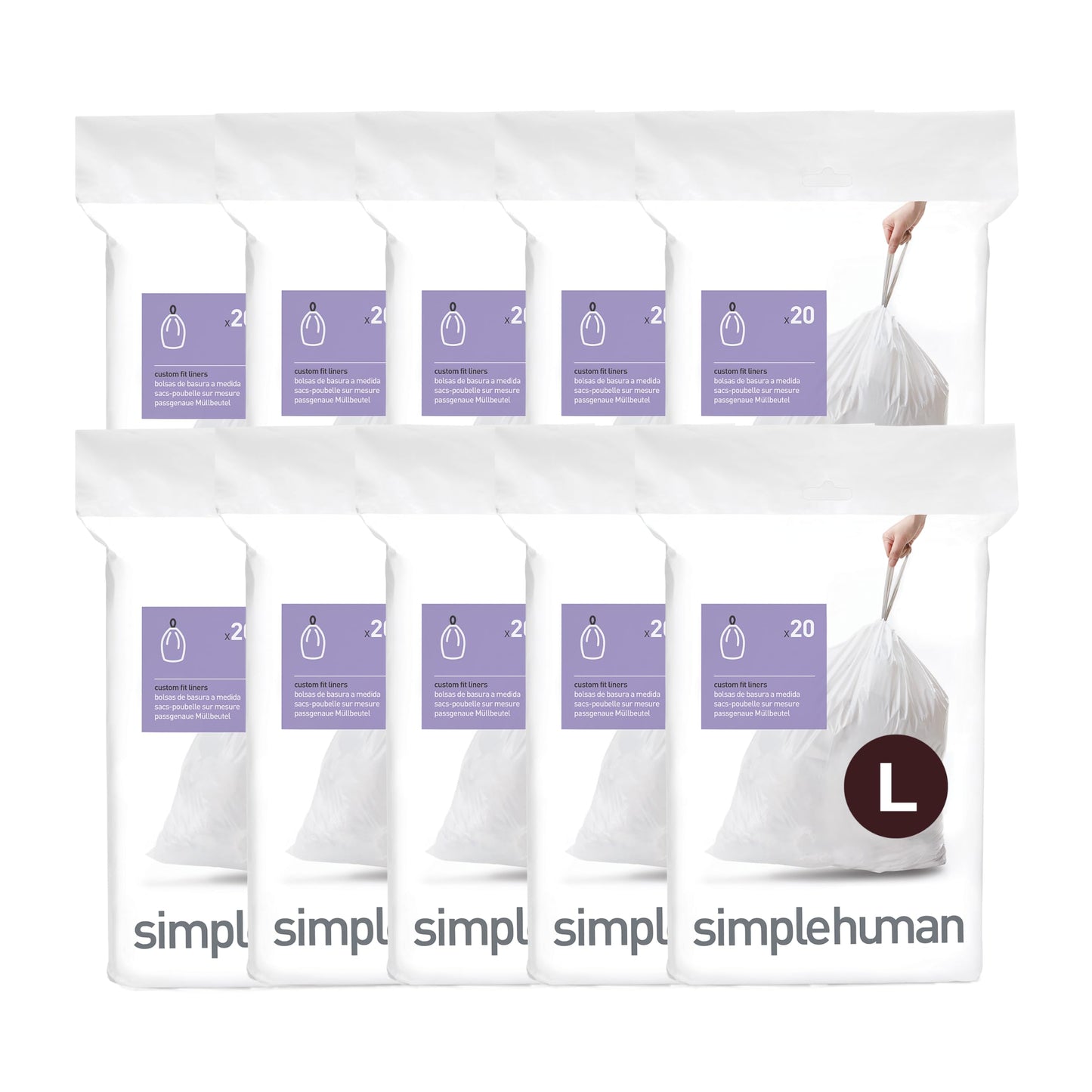 simplehuman Code L 200 Count, Dispenser Pack Custom Fit Liners, Drawstring Trash Bags, 18L / 4.7 Gallons, White