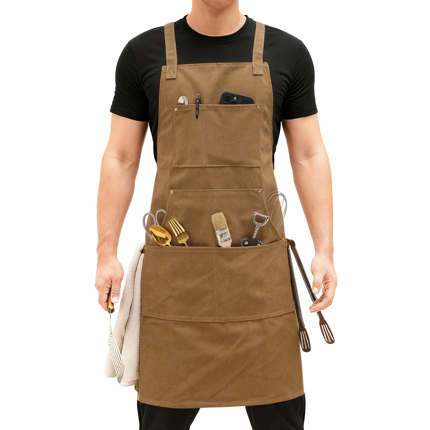 Fammio Chef Apron for Men BBQ, 16oz Cotton Canvas Aprons with 7 Pockets/Cross Back Straps/Quick Release Buckle, Durable Heavy Duty Apron for Kitchen Cooking, Paiting, Baking (Camel,L)