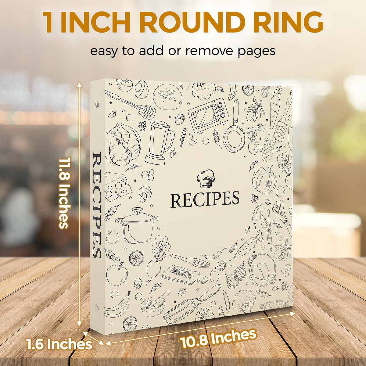 SKYDUE Recipe Binder 8.5x11 3 Ring, 1" Round Rings, Recipe Book to Write in Your Own Recipes, Recipe Binder with 60 Plastic Sleeves, 12 Dividers, 60 Blank Recipe Cards, Family Recipe Organizer(Beige)