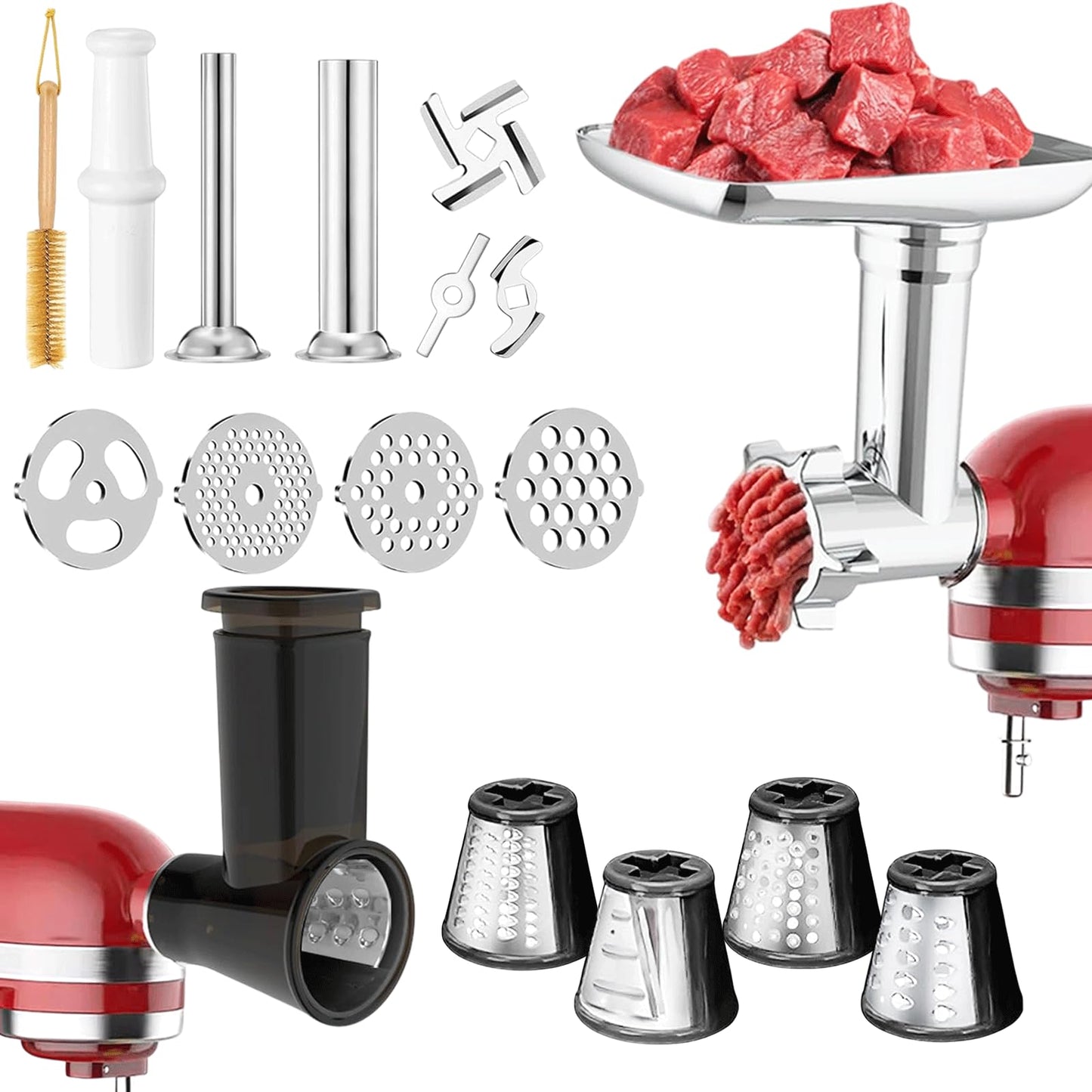Meat Grinder & Slicer Shredder Attachments Compatible with KitchenAid Stand Mixers, 4 Blade Slicer/Shredder Set with Grinder Plates & Sausage Tubes for Mincing and Shredding