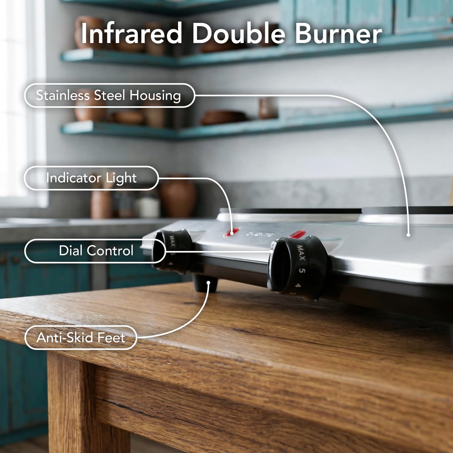 Ovente Countertop Infrared Burner – 1500 Watts – Ceramic Double Plate Cooktop with Temperature Control, Non-Slip Feet – Indoor/Outdoor Portable Electric Stove – Brushed Stainless Steel (BGI202S)